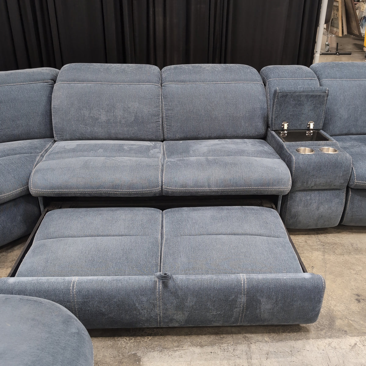 Slate Blue Fabric Reclining Sectional Couch with Cupholders
