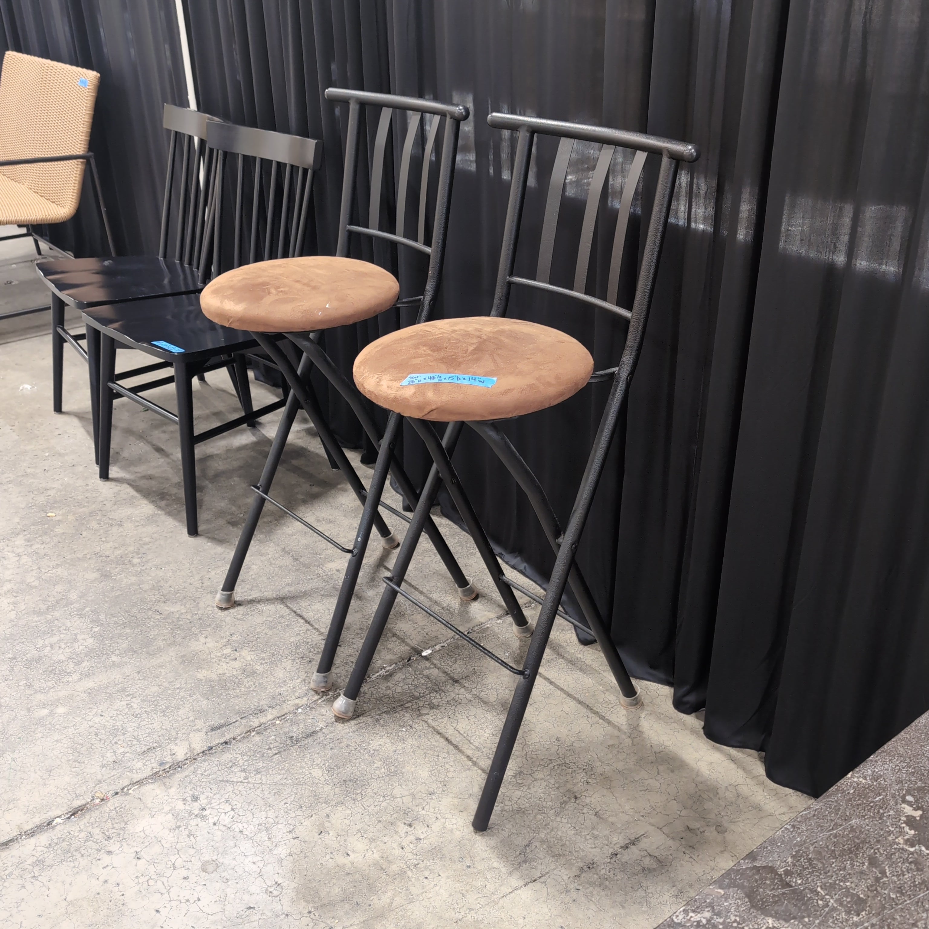 Pair of Grey Metal Ladder Back Bar Stools with Brown Upholstery