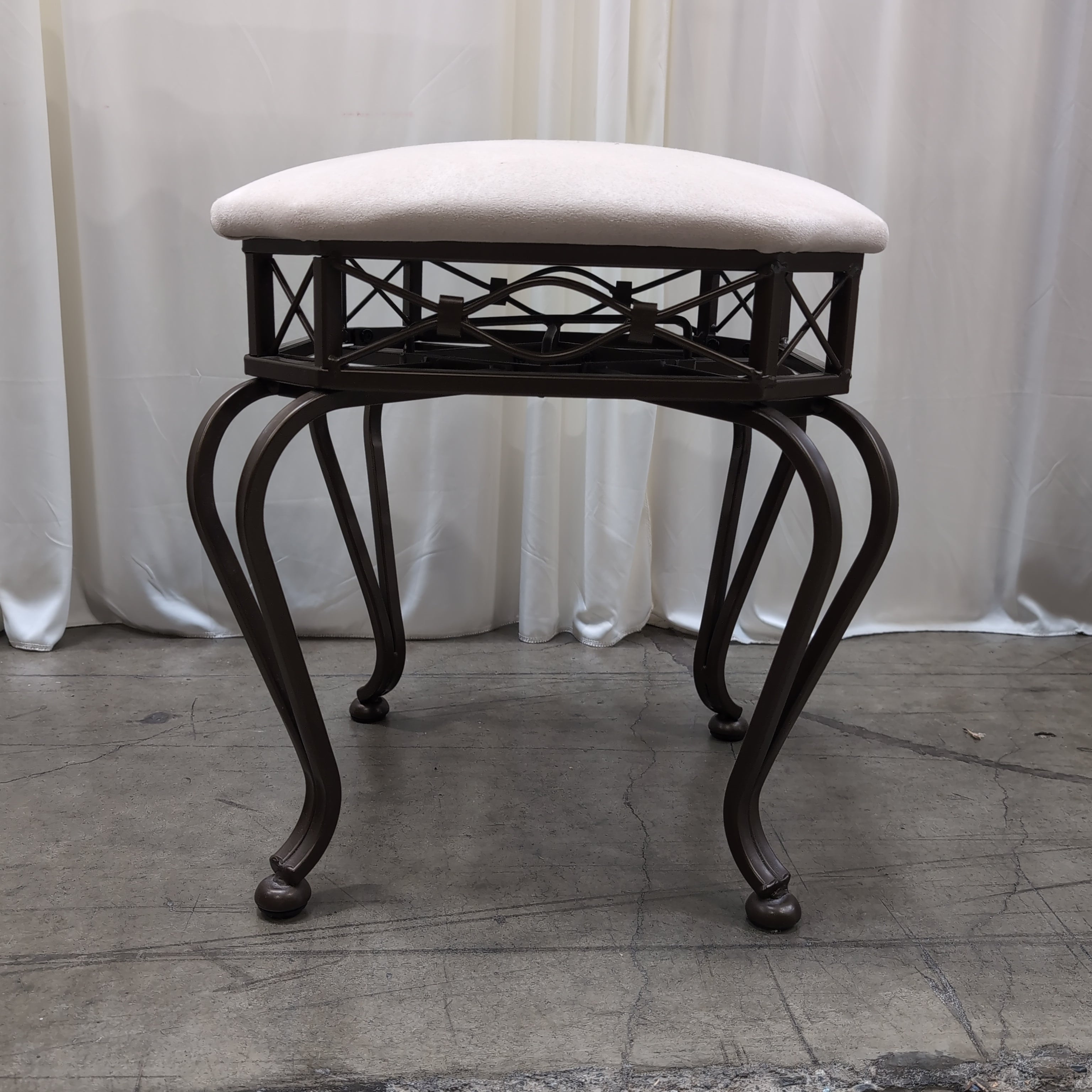 Dark Bronze Ornate Metal Vanity Stool with Cream Upholstery