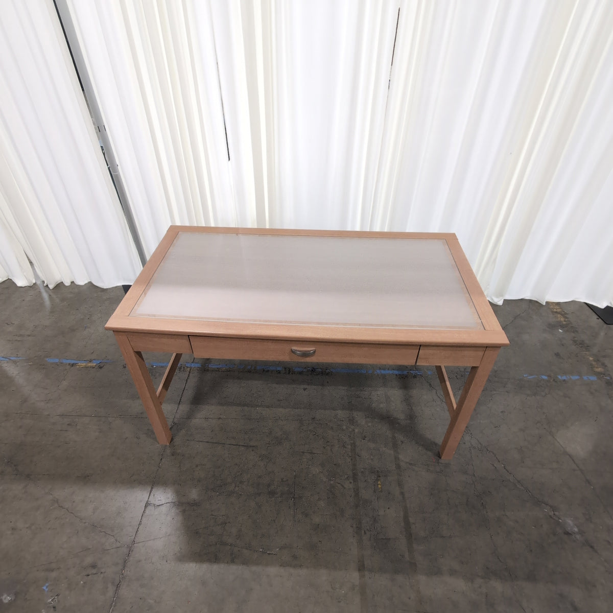 Natural Wood Two-Drawer Desk with Frosted Glass Top