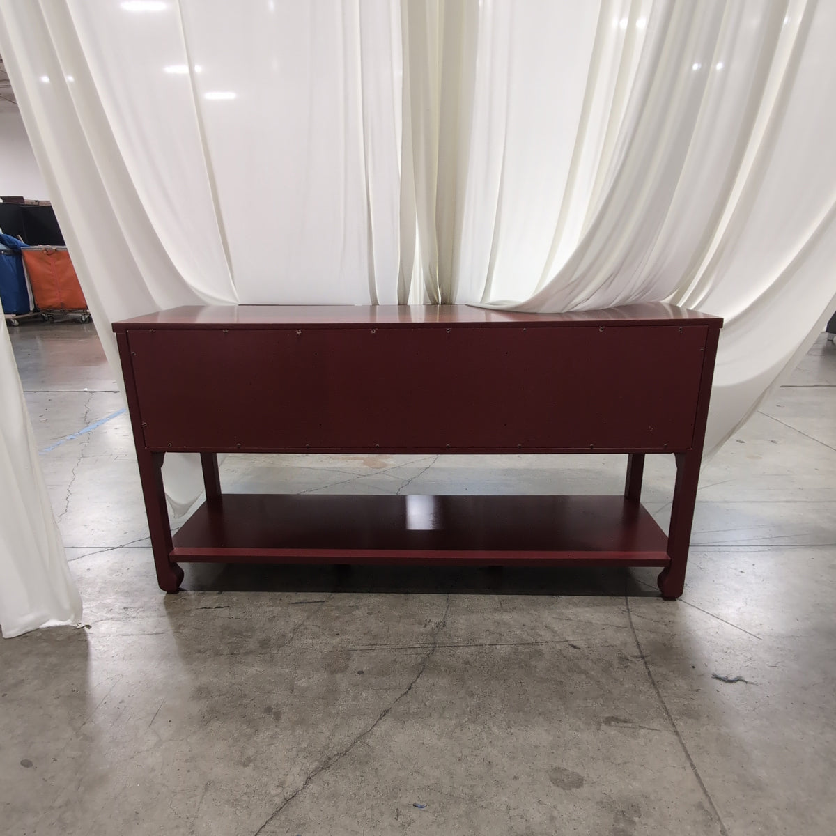 Red Wood Three-Drawer Console Table with Lower Shelf