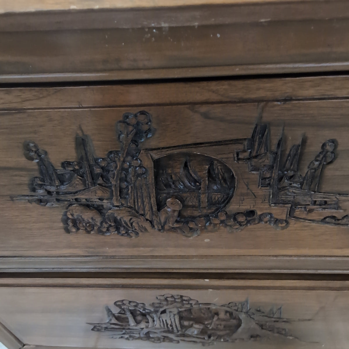 Carved Asian-Inspired Drop-Front Wood Desk