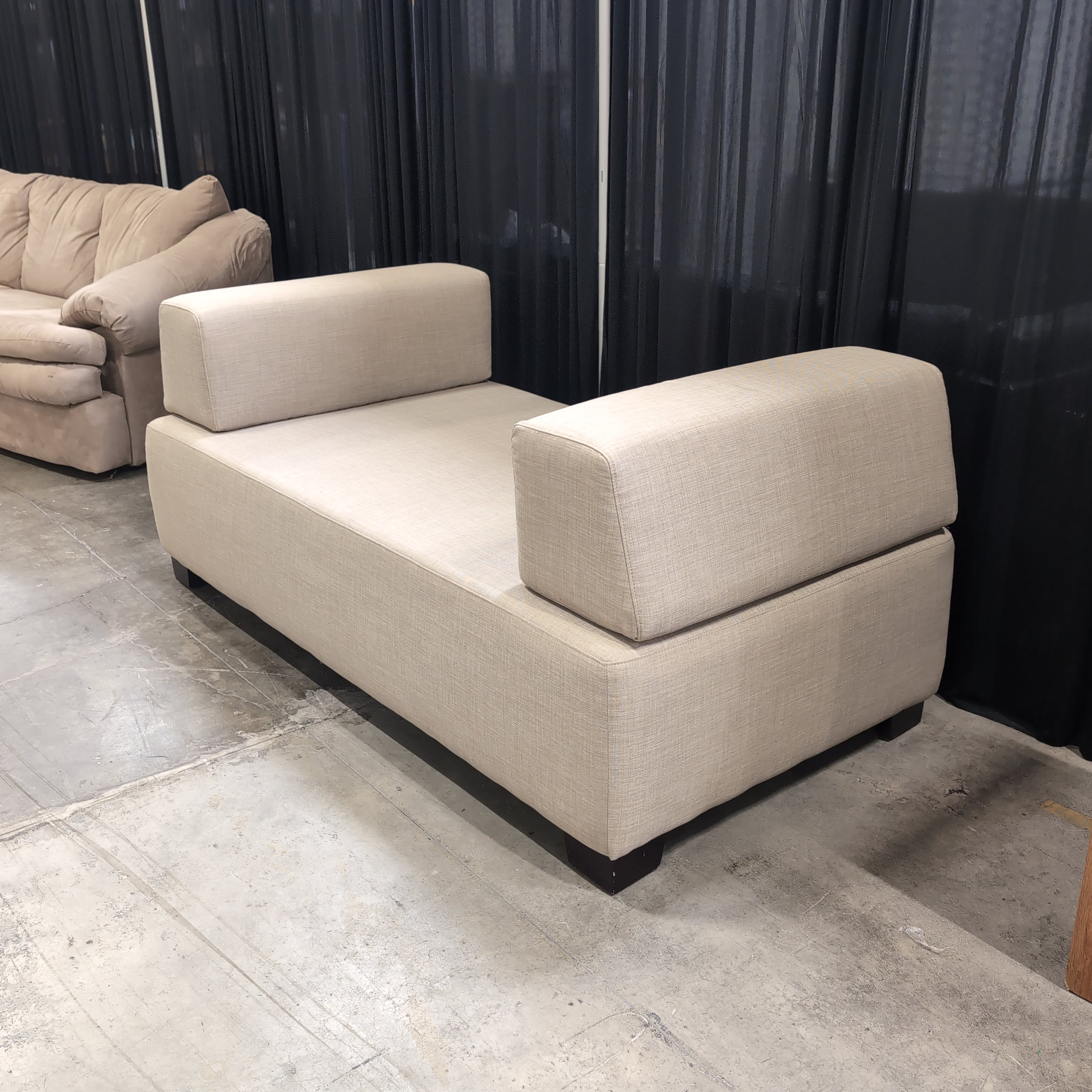 Light Tan Woven Fabric Couch with Caster Wheels