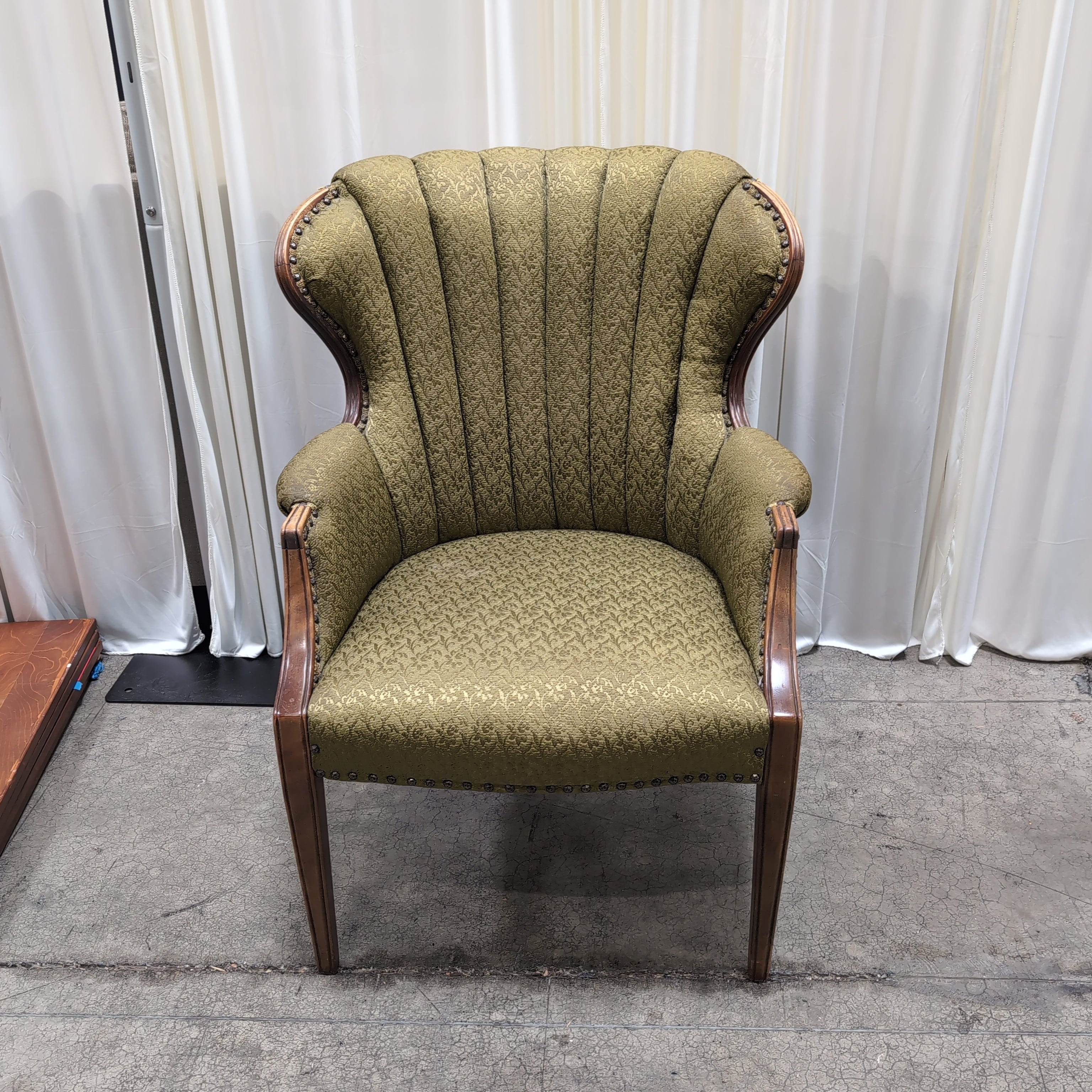 Olive Green Upholstered Fan-Back Armchair with Nailhead Trim