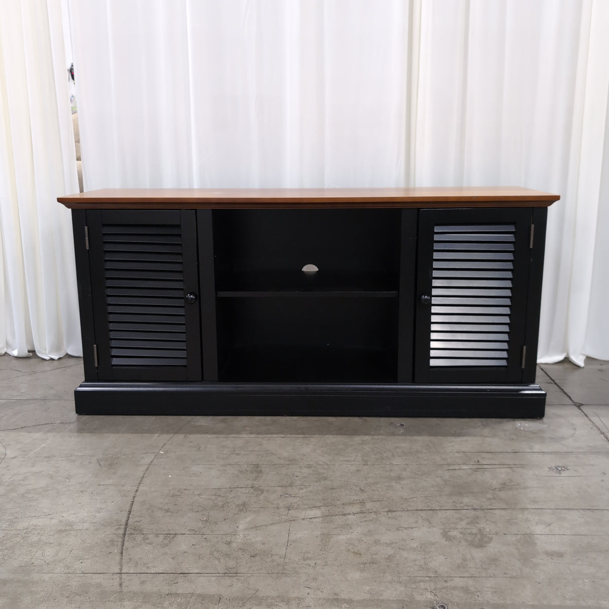 Two-Tone Black and Brown TV Stand with Louvered Doors