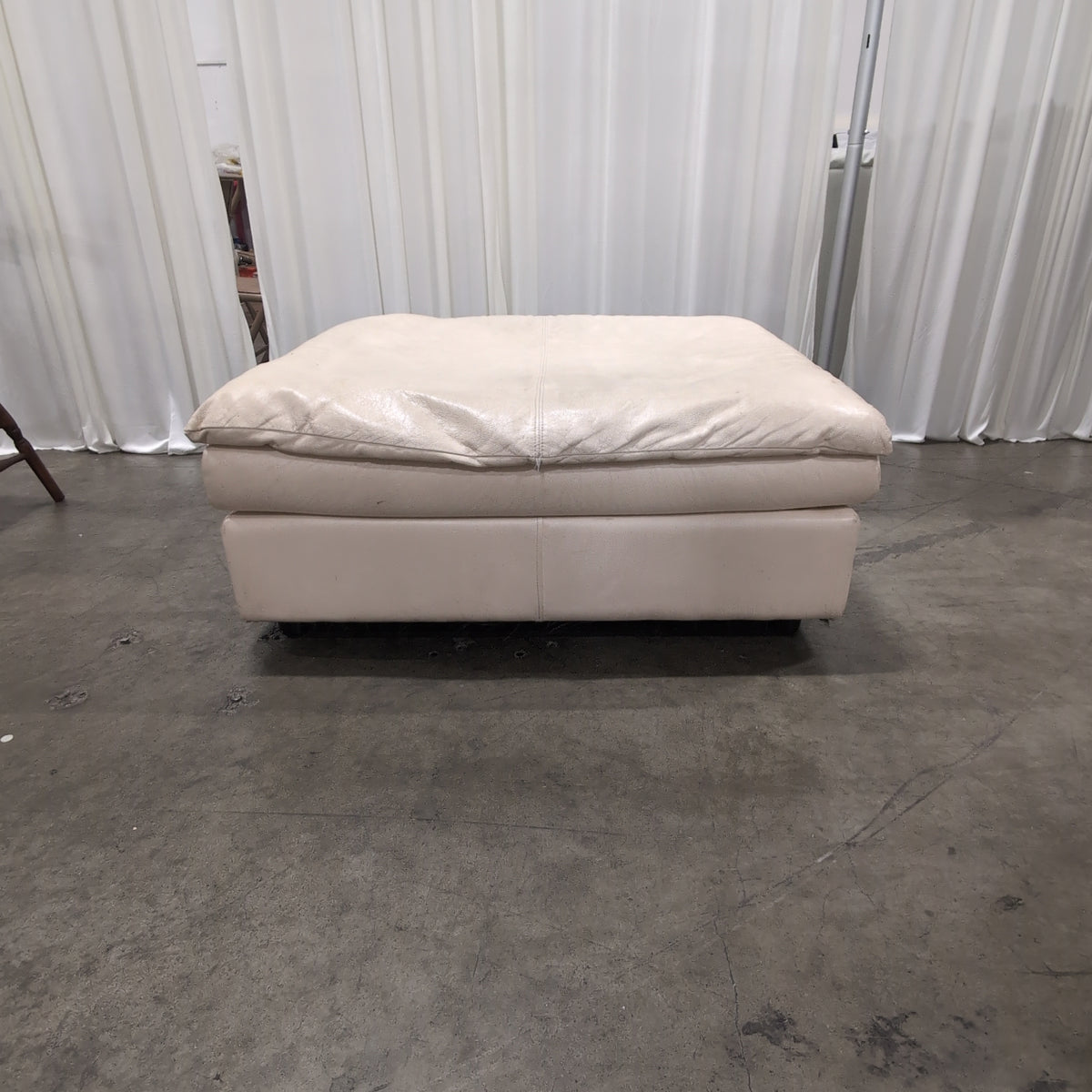 Off-White Faux Leather Ottoman with Top Stitching