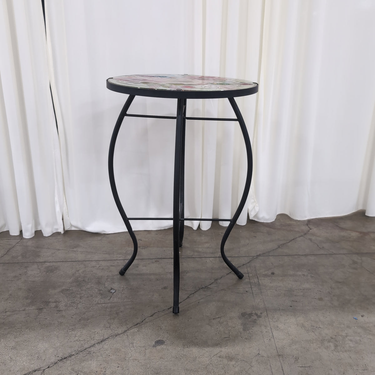 Round Glass Top End Table with Floral and Bird Design