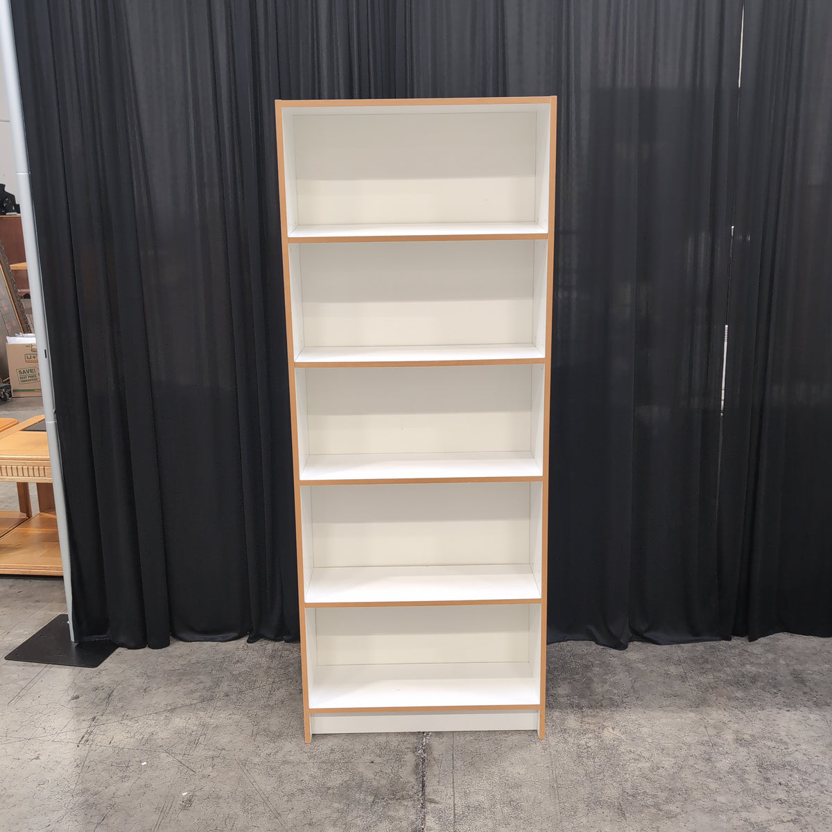 Five-Shelf White Bookcase with Wood-Look Trim