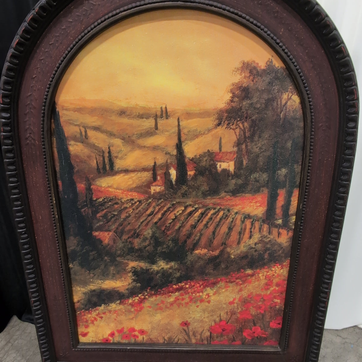 Tuscan Landscape Arched Framed Art in Dark Wood