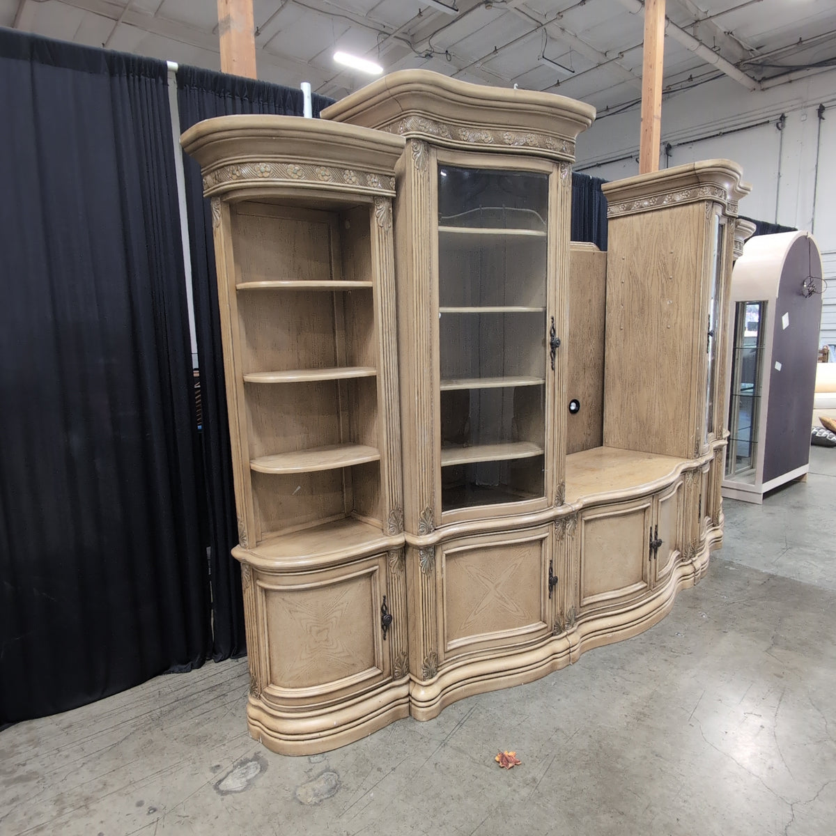 Traditional Light Brown Wood Corner Cabinet with Carved Details