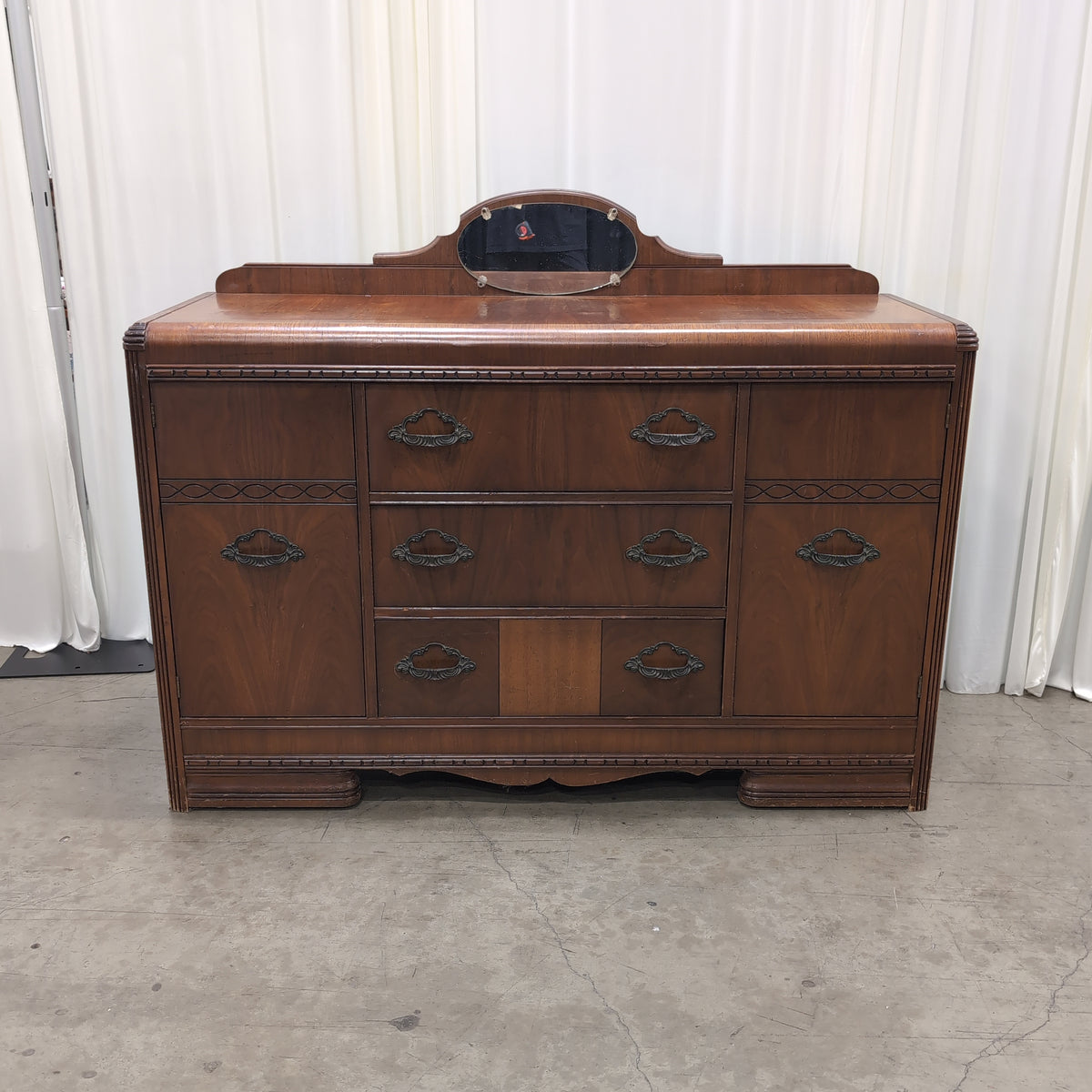 Brown Wood Art Deco Style Dresser with Attached Mirror