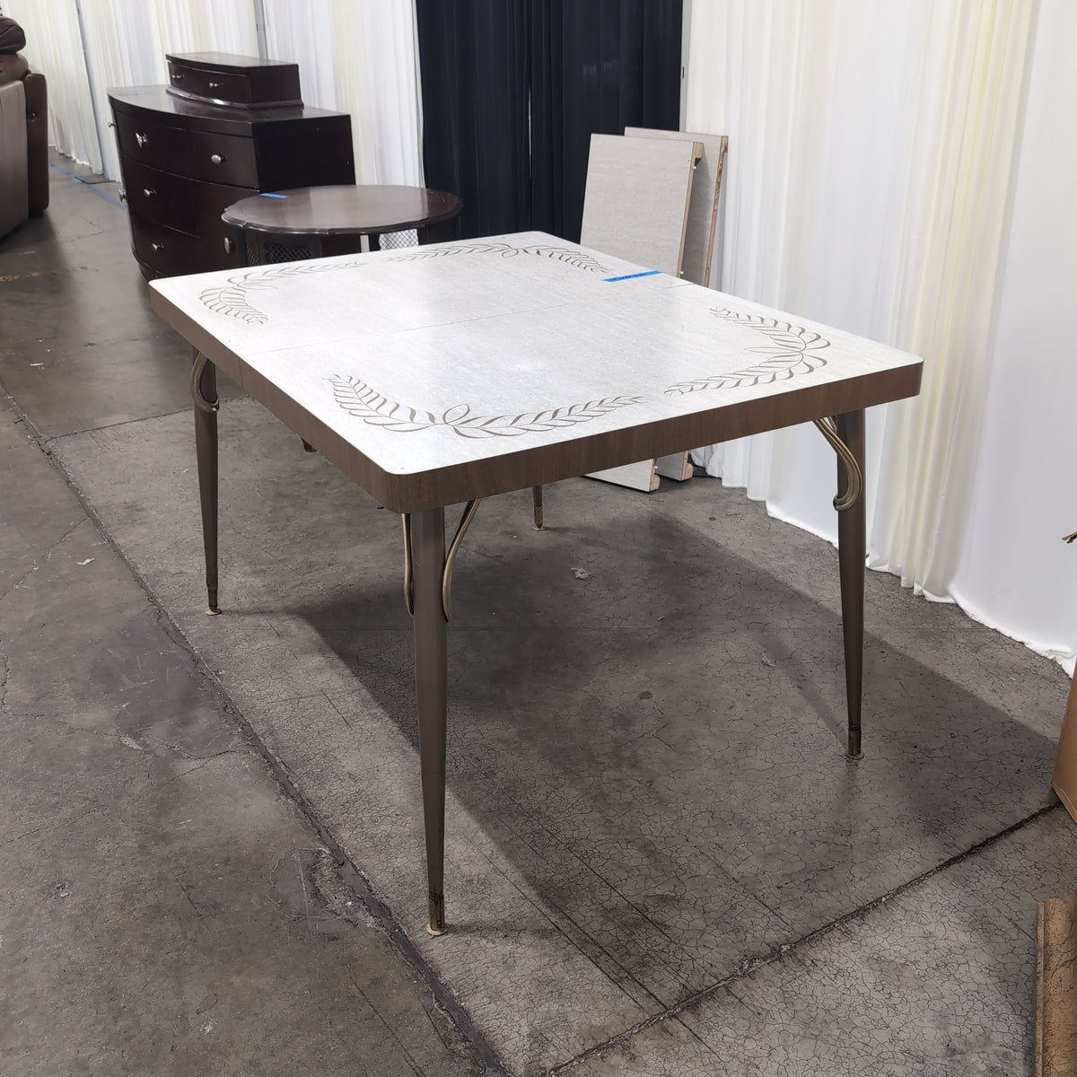 Mid-Century Light Grey Laminate Dining Table with Leaf Pattern