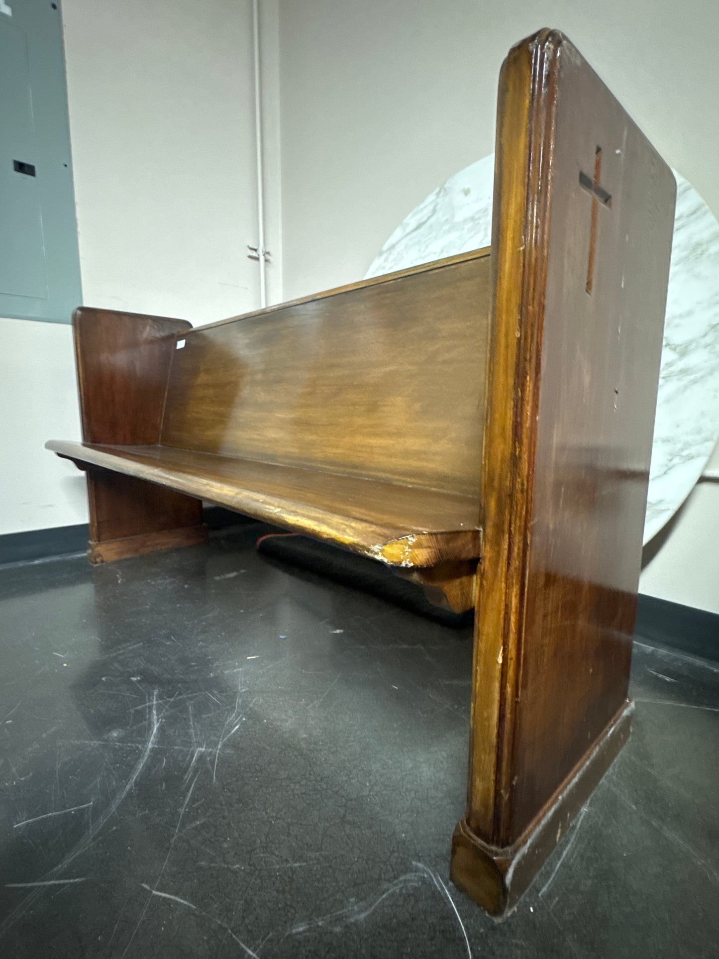 Vintage Solid Wood Church Pew with Carved Cross Detail
