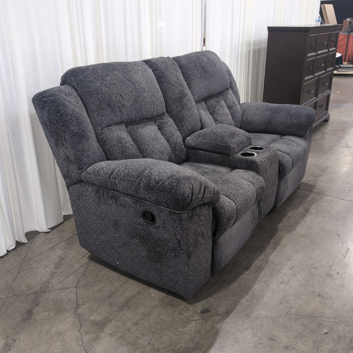 Grey Fabric Reclining Loveseat with Center Console