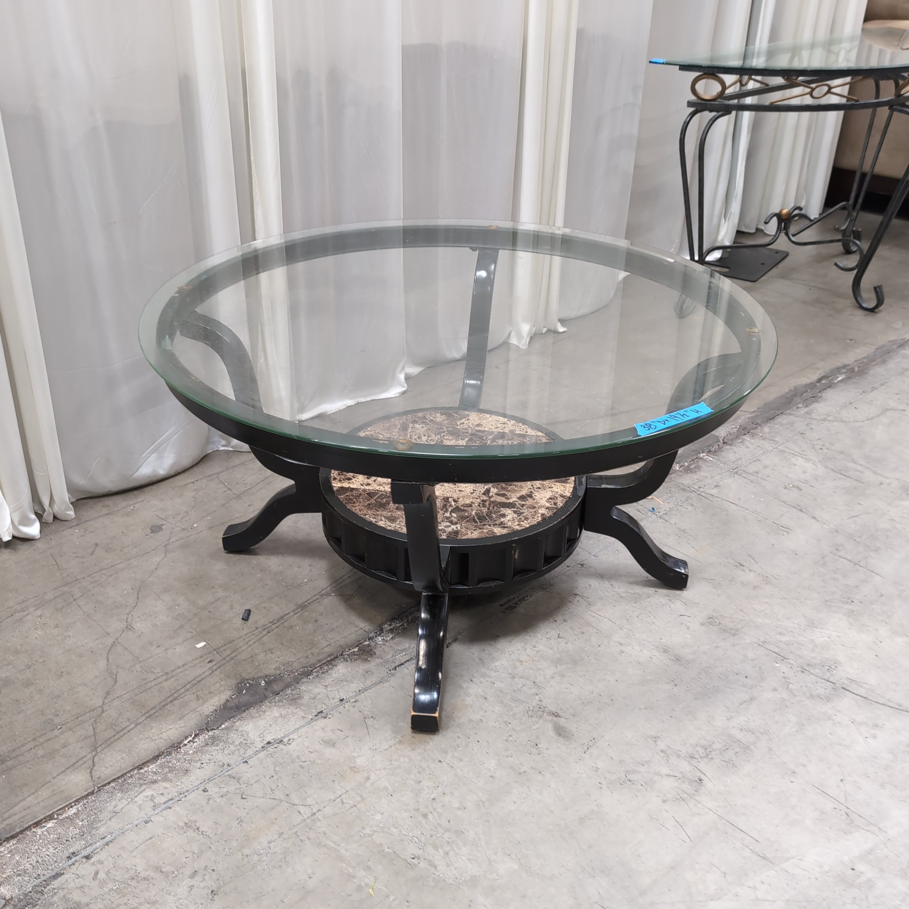 Black Metal Oval Coffee Table in Glass and Faux Marble