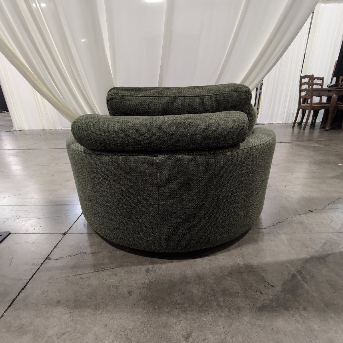 Muted Green Upholstered Round Couch with Ottoman