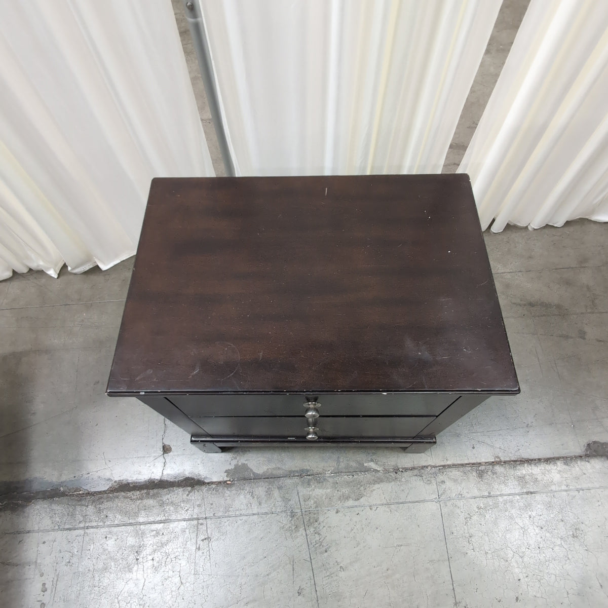 Home Meridian-Dark Brown Two-Drawer Nightstand with Silver Knobs