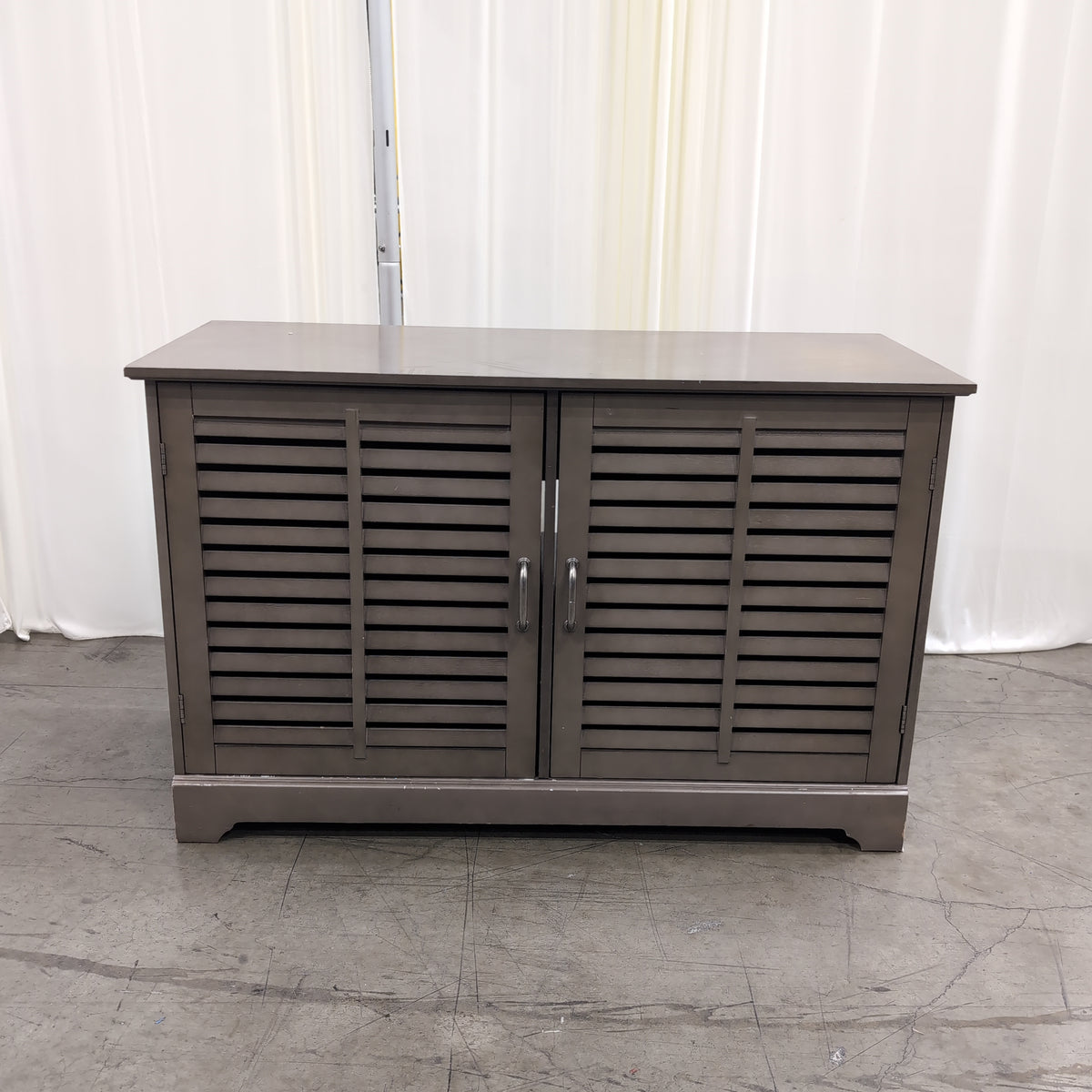 Greige Wood TV Stand with Louvered Doors
