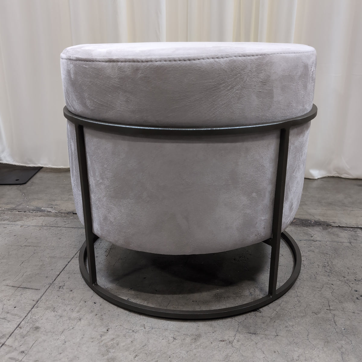 Grey Round Velvet Ottoman with Metal Frame