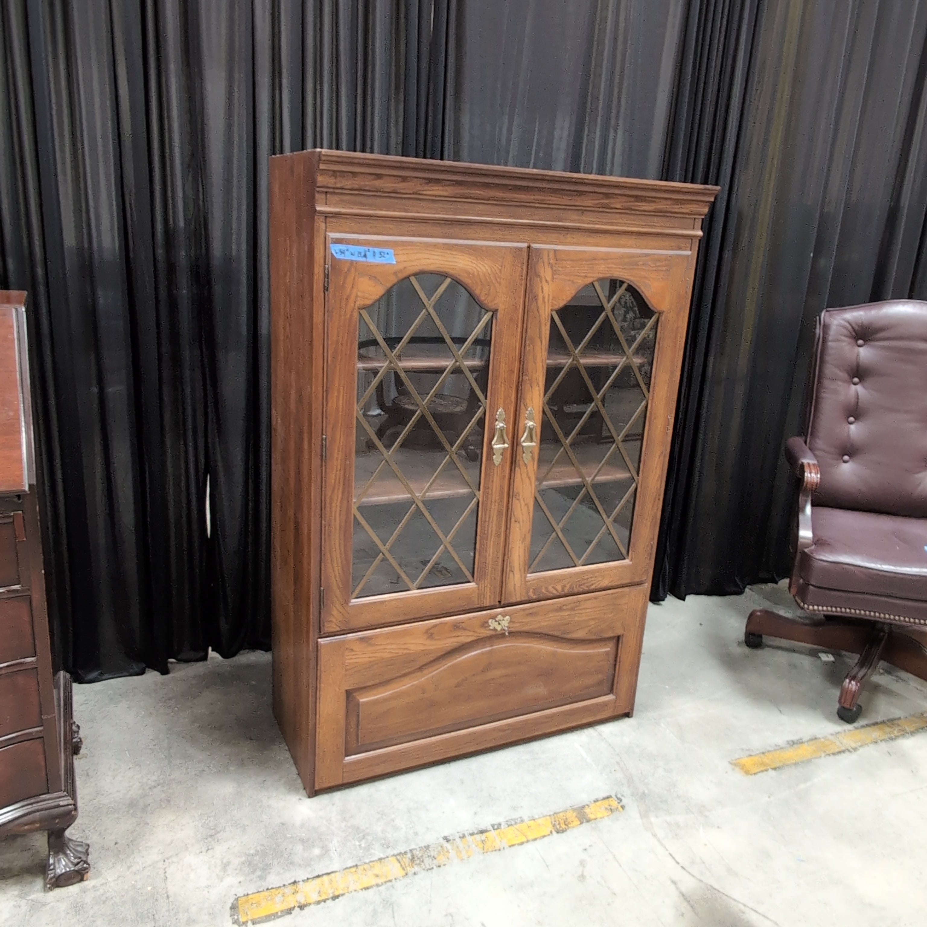Traditional Brown Wood China Cabinet with Diamond Mullions