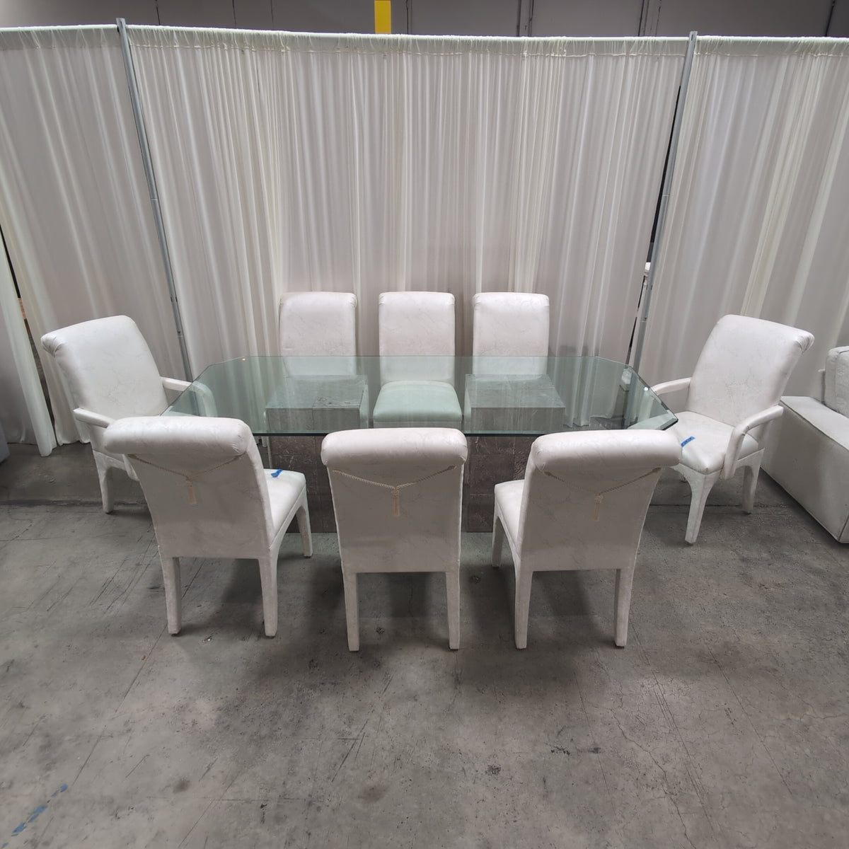 Glass Top Stone Base Dining Table with Eight Upholstered Chairs