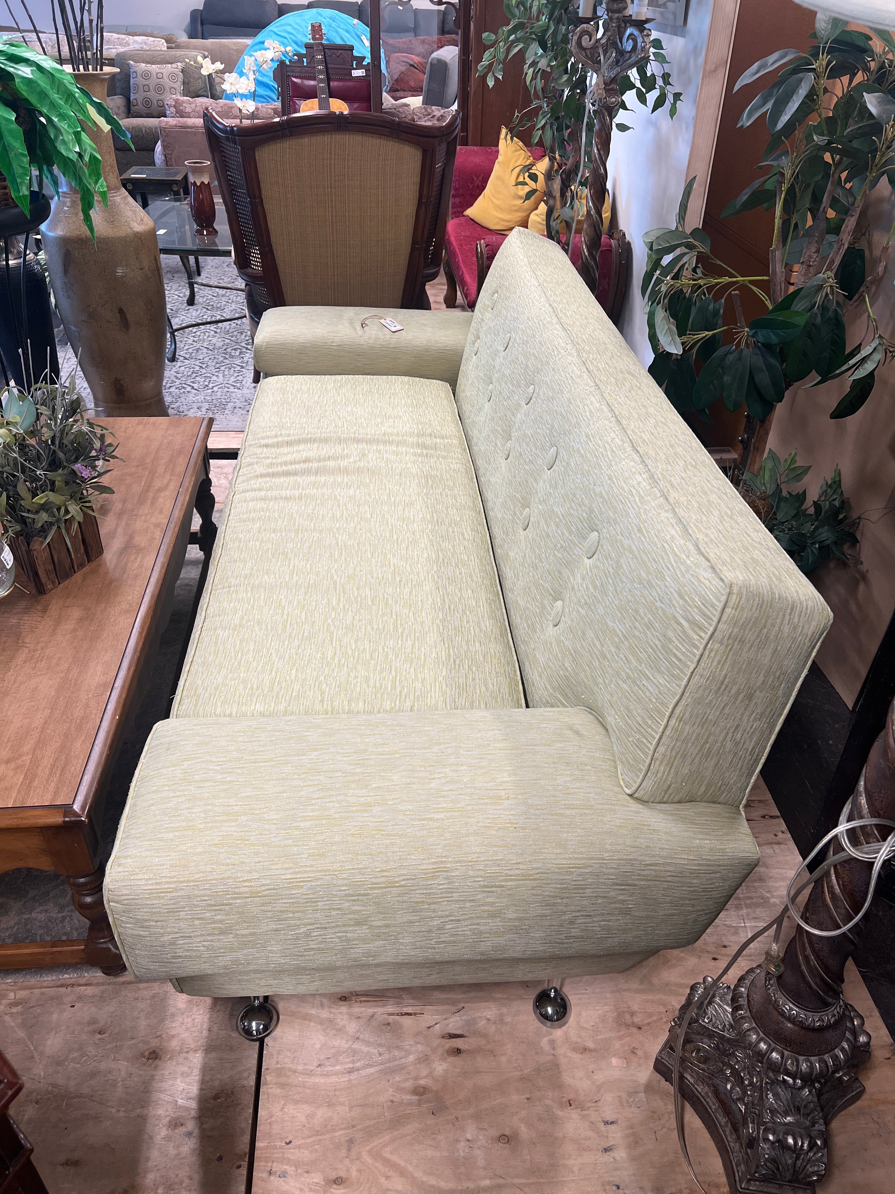 Mid-Century Modern Button-Tuft Sofa in Pale Green