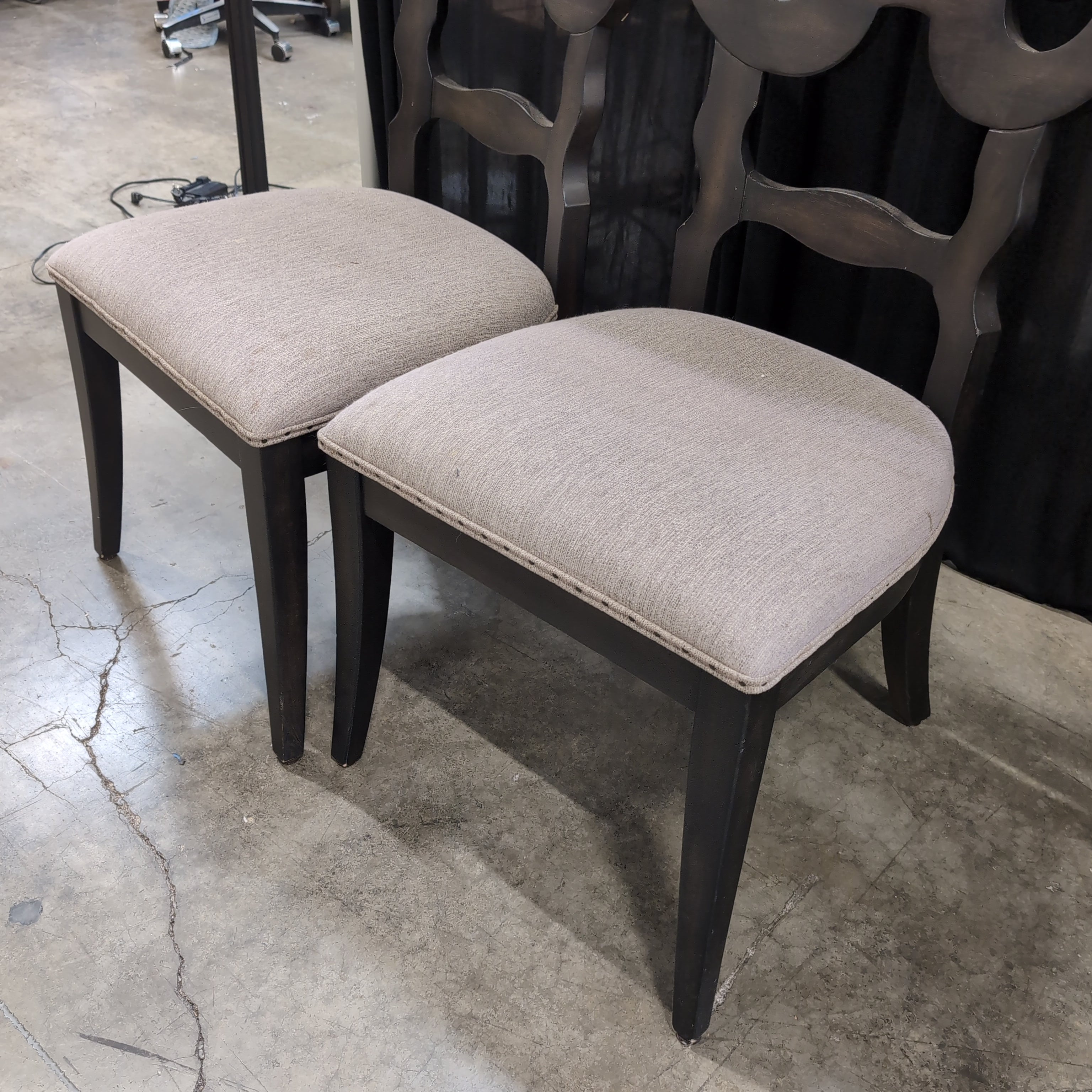 Pair of Dark Wood Ornate Back Dining Chairs with Upholstered Seats