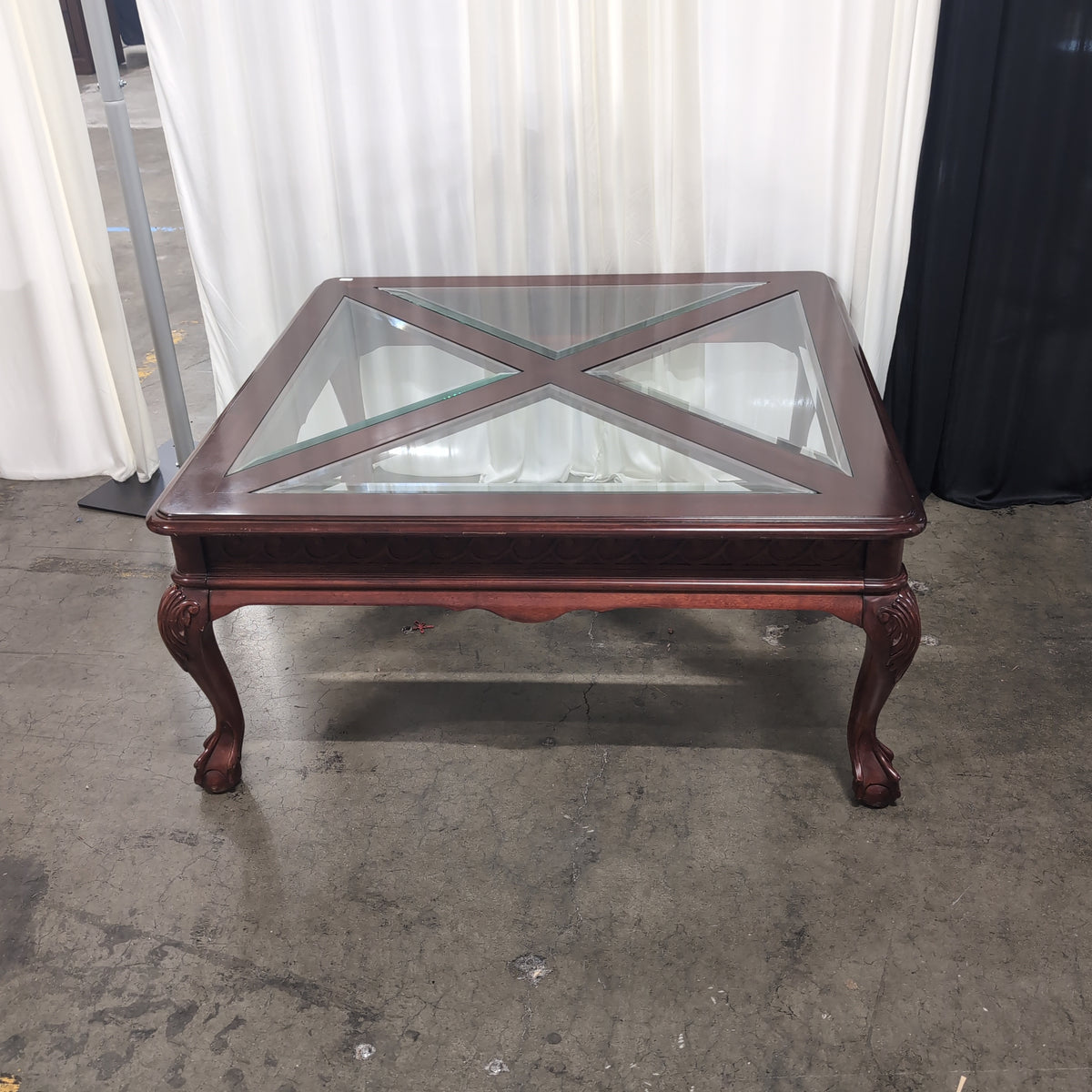Traditional Dark Wood Square Coffee Table with Glass Top