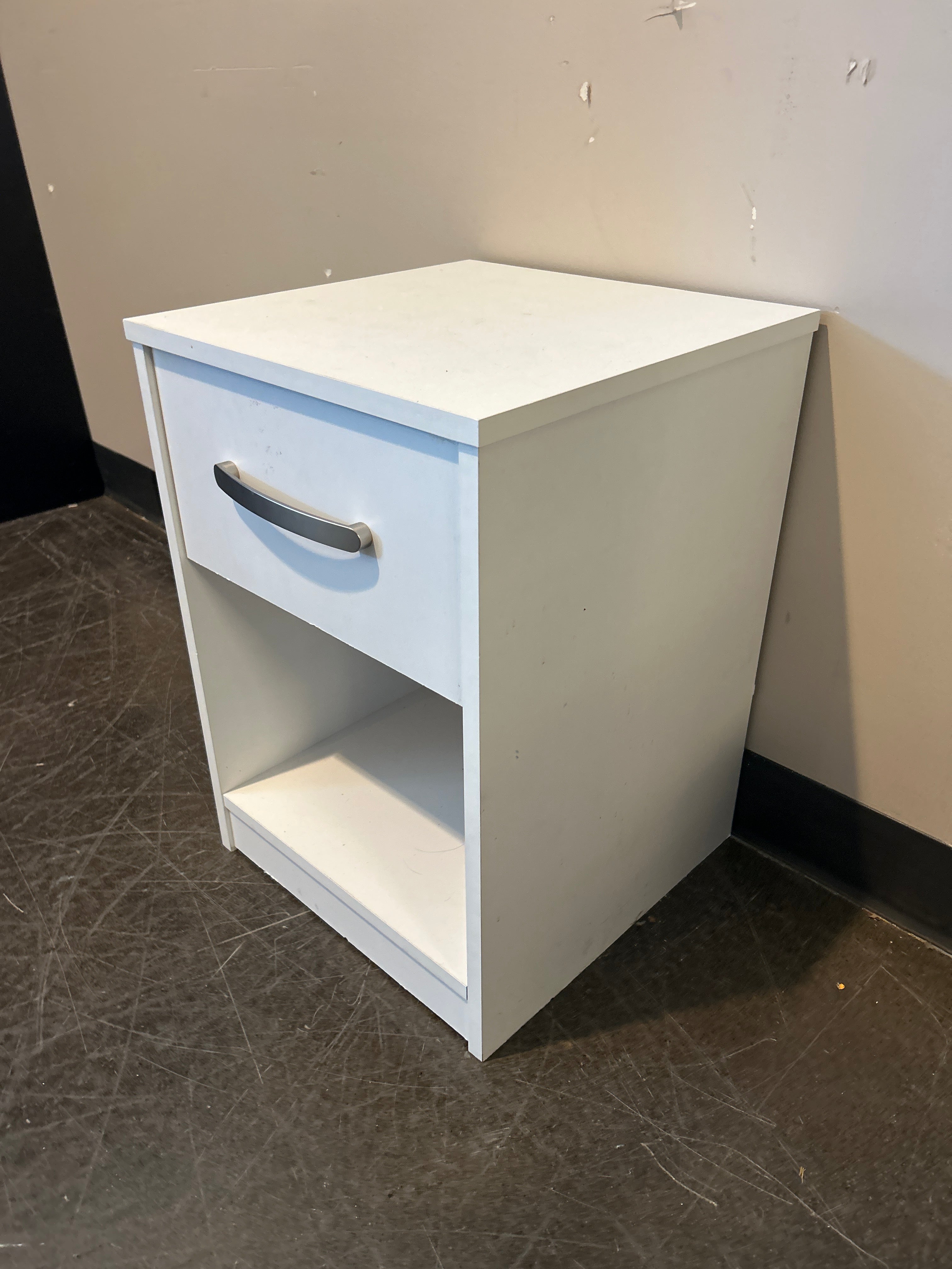 White Laminate Nightstand with Drawer and Shelf
