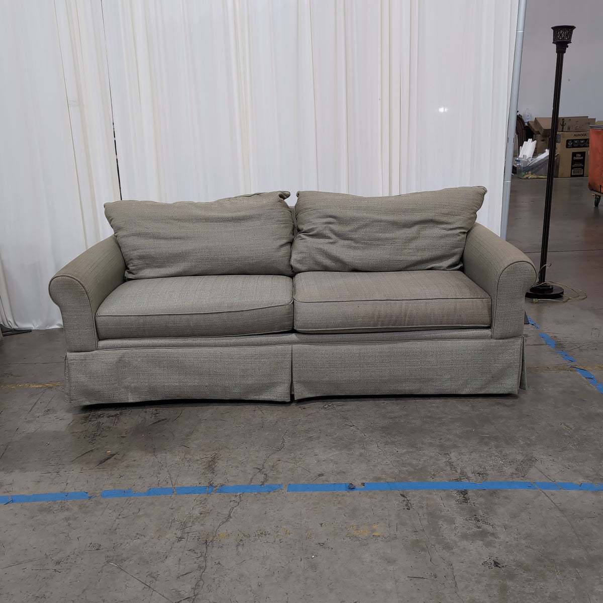 Light Olive Rolled Arm Couch with Skirted Base