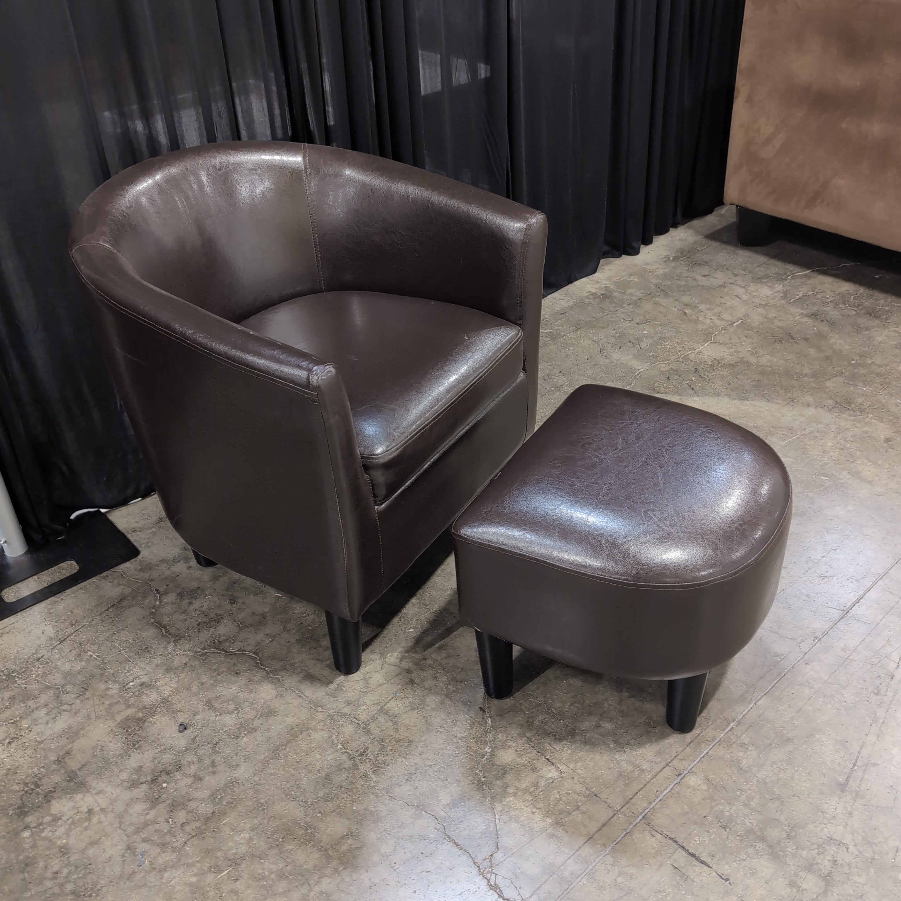 Dark Brown Faux Leather Club Chair with Matching Ottoman