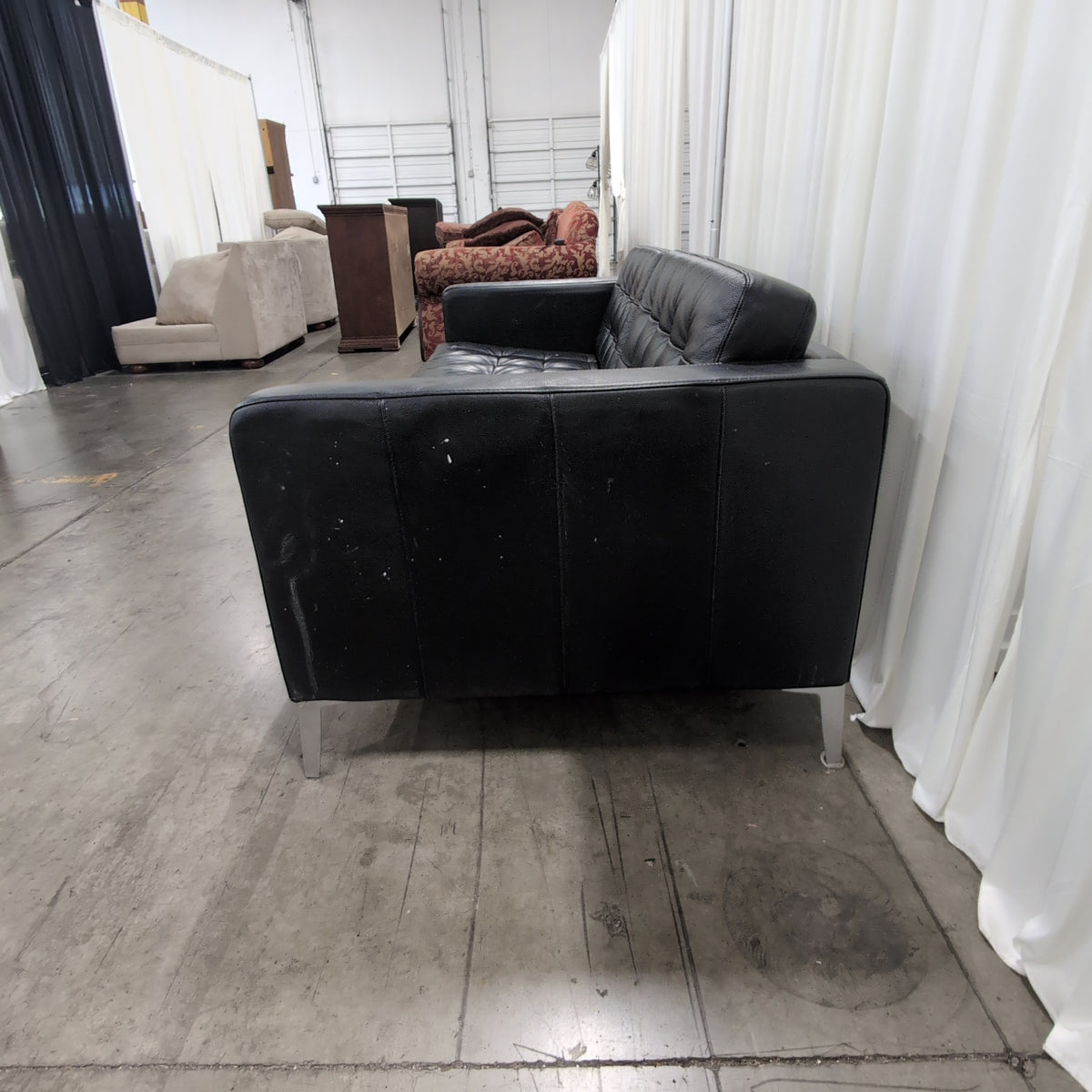 IKEA Tufted Black Leather Couch with Metal Legs