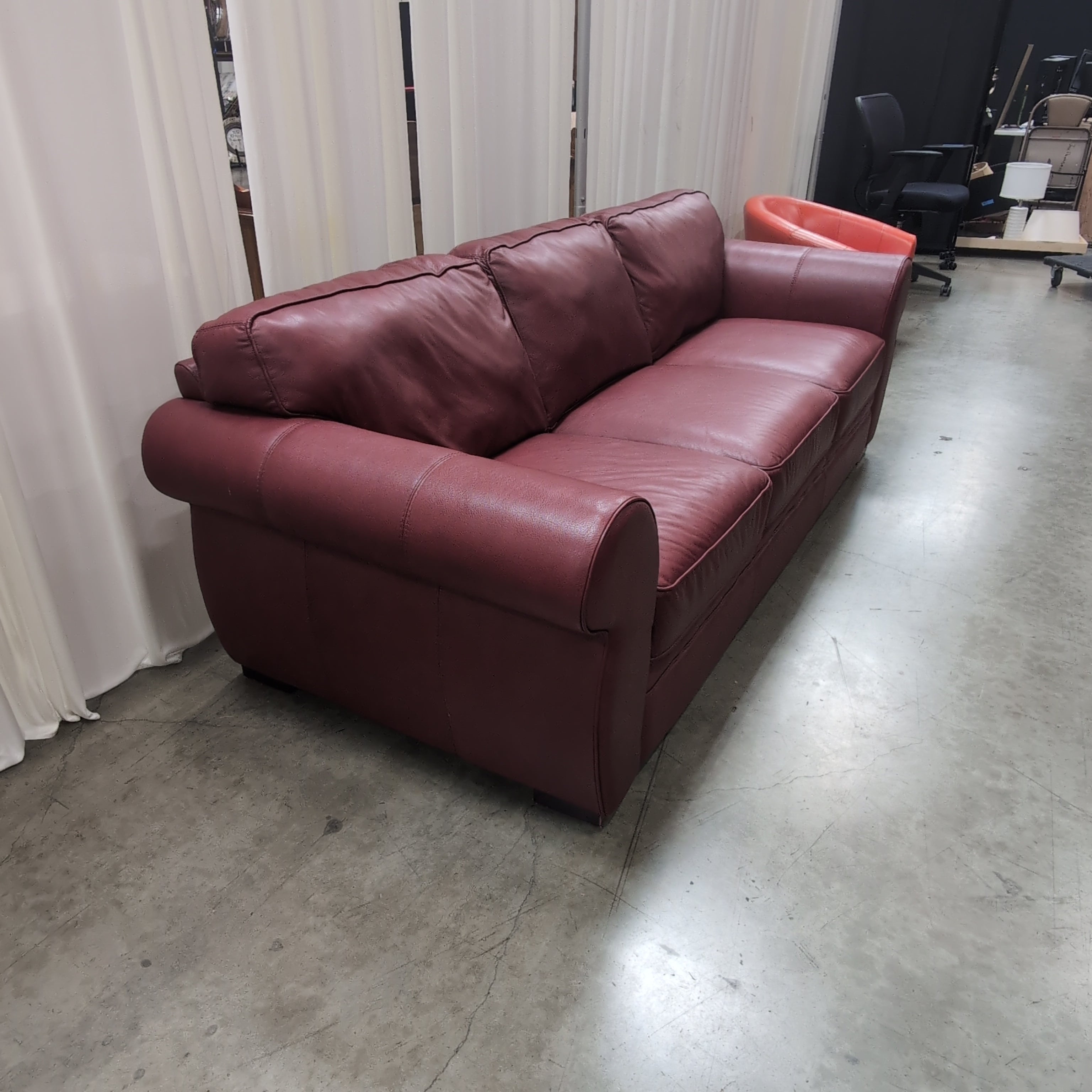 Burgundy Rolled Arm Three-Cushion Couch in Leather