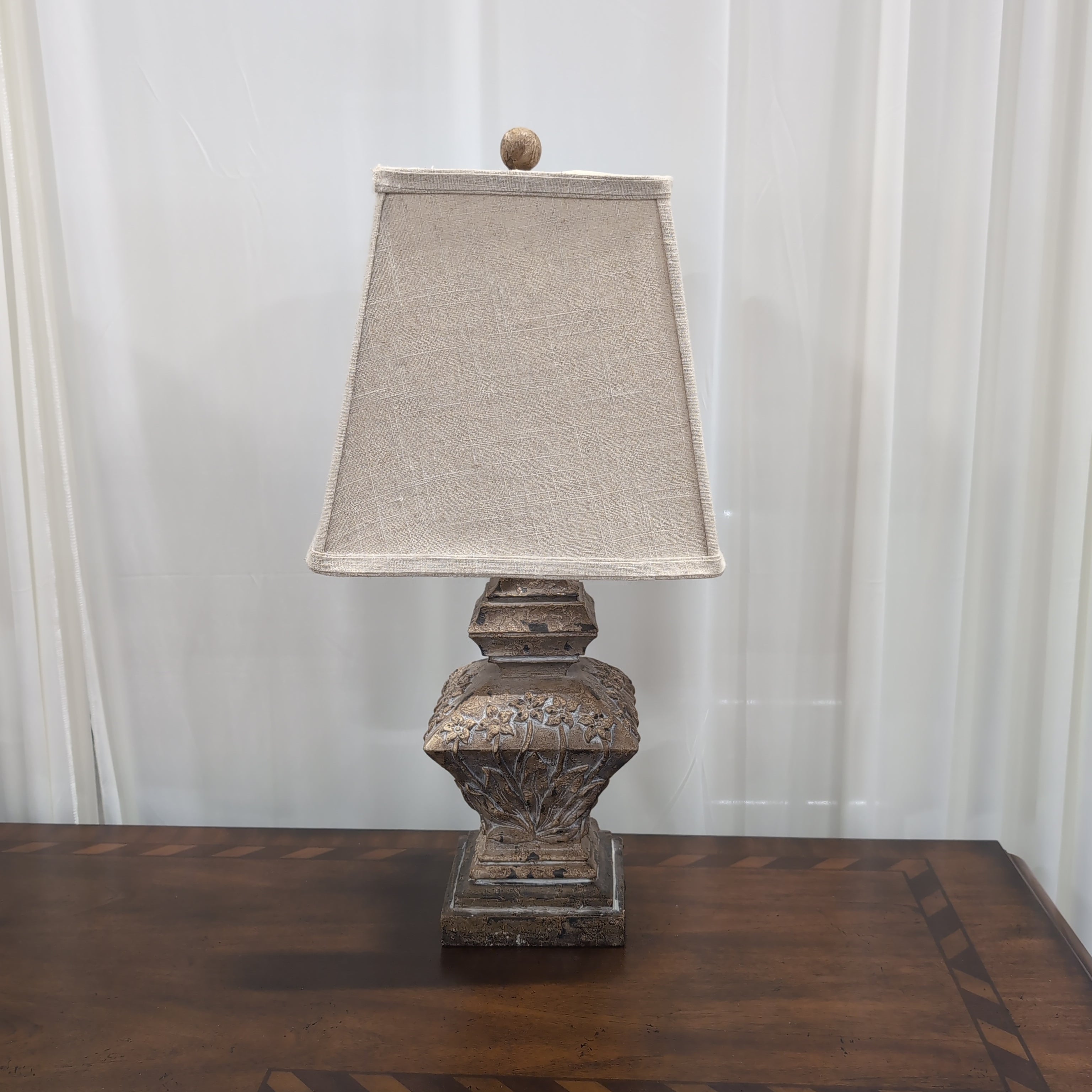 Ornate Distressed Brown Table Lamp with Fabric Shade