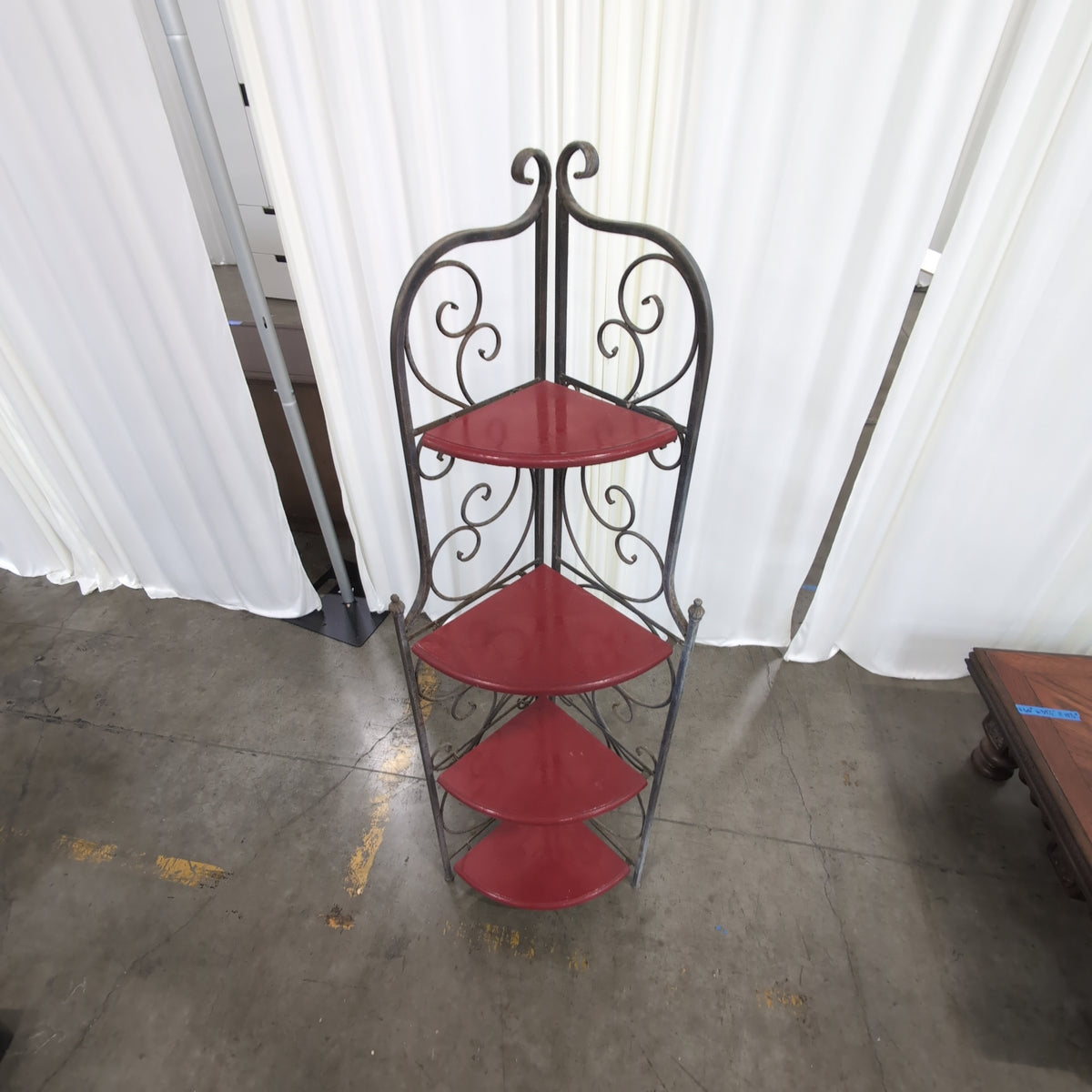 Ornate Scrolled Metal Corner Shelf with Red Shelves