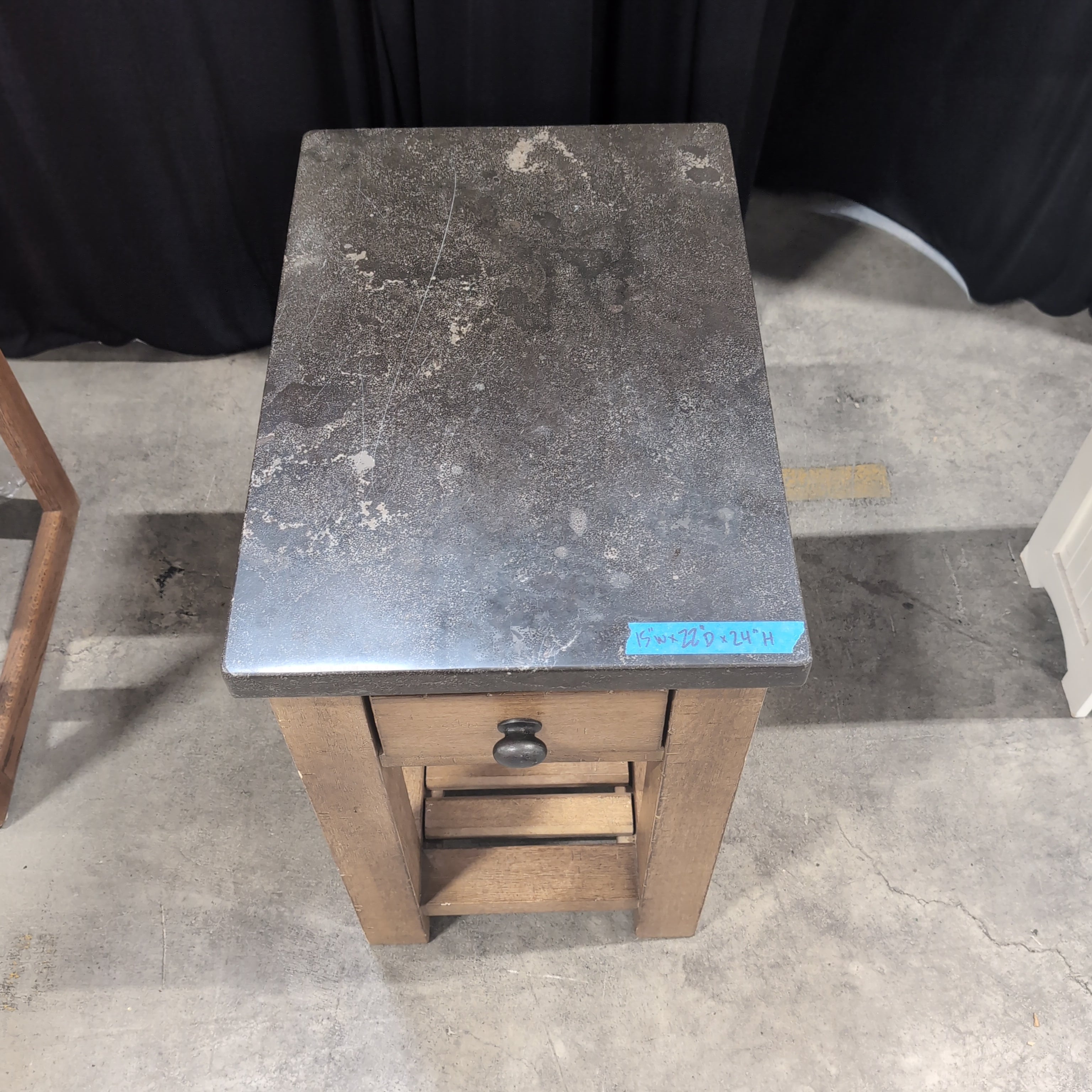Natural Wood End Table with Dark Stone Top
