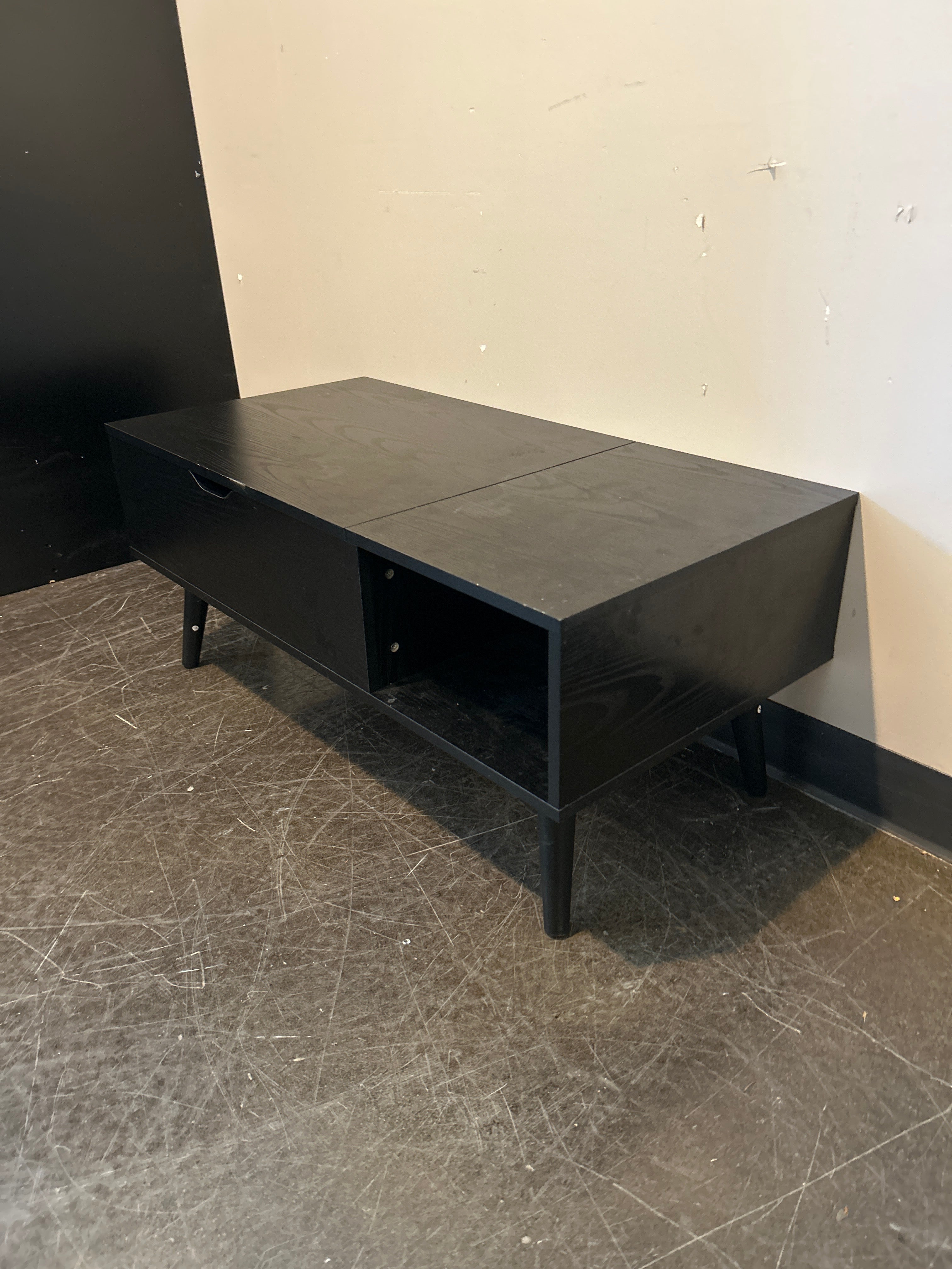 Modern Black Coffee Table with Drawer and Open Shelf