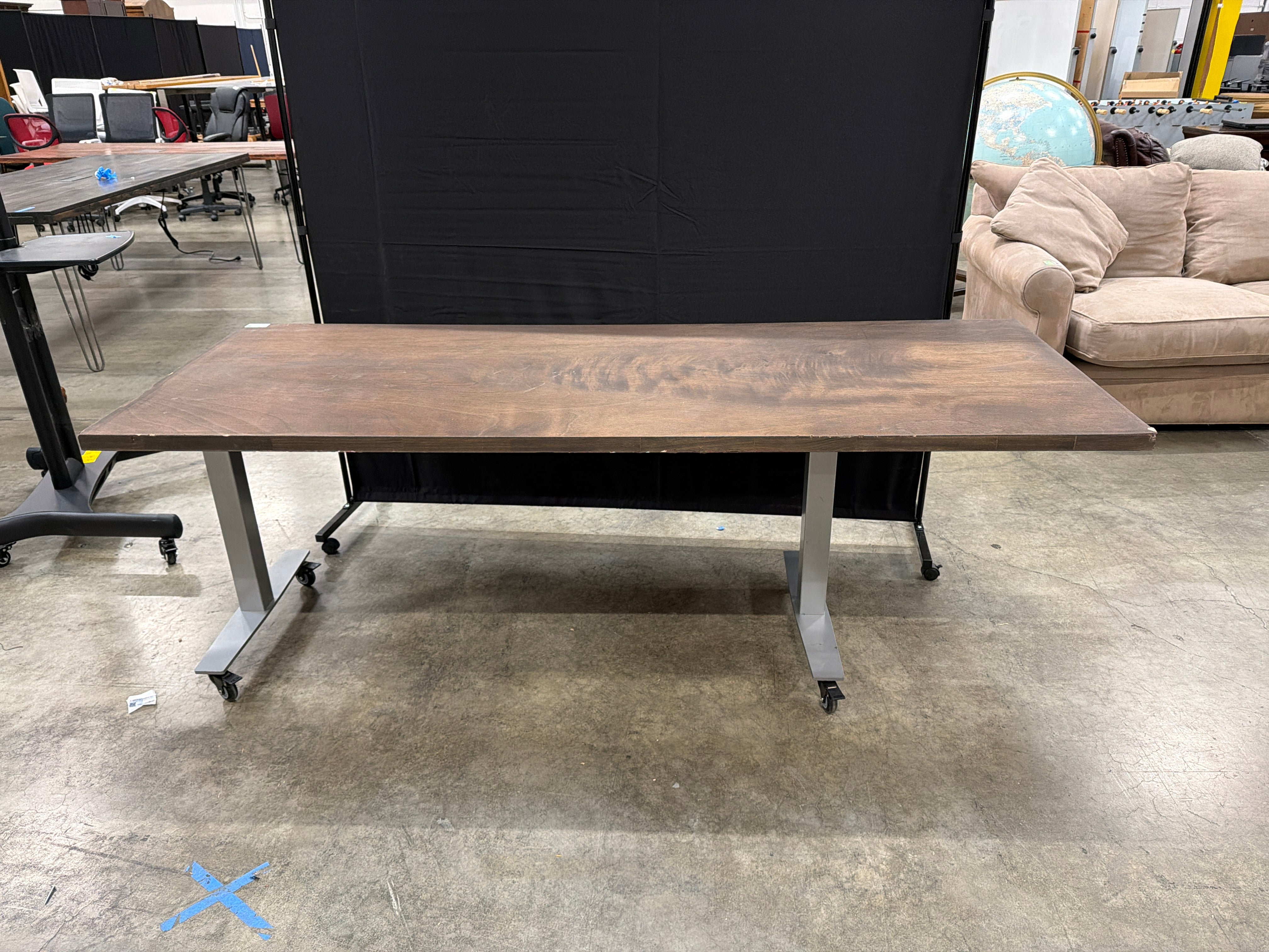 Rectangular Dark Brown Wood Top Utility Table with Locking Casters