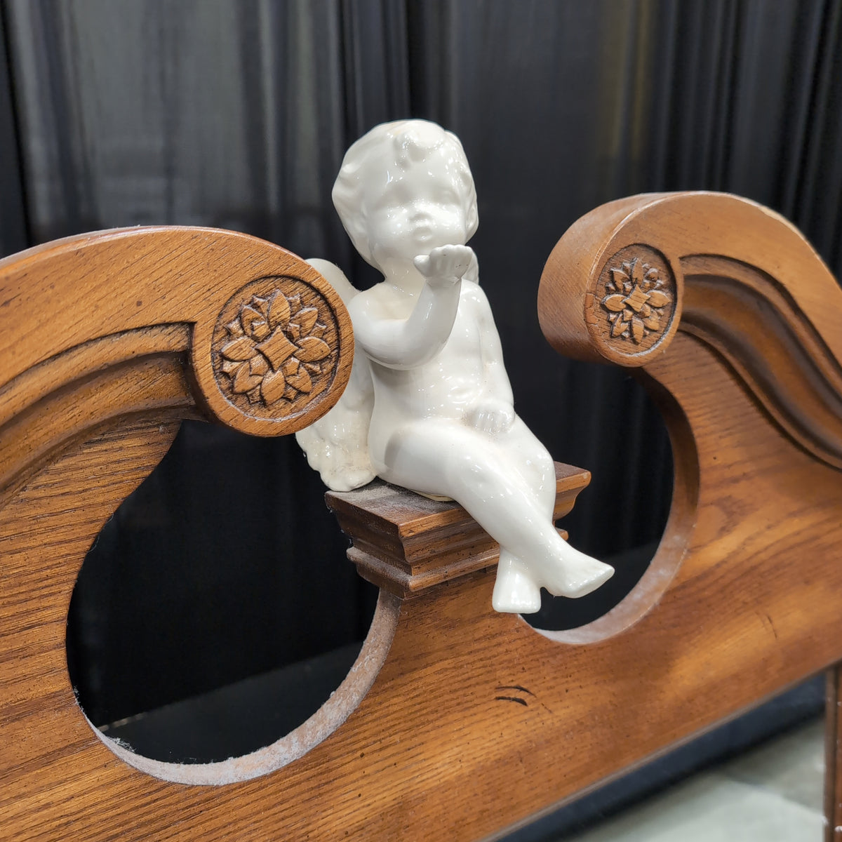 Traditional Carved Wood Tri-Fold Mirror with Cherub Detail