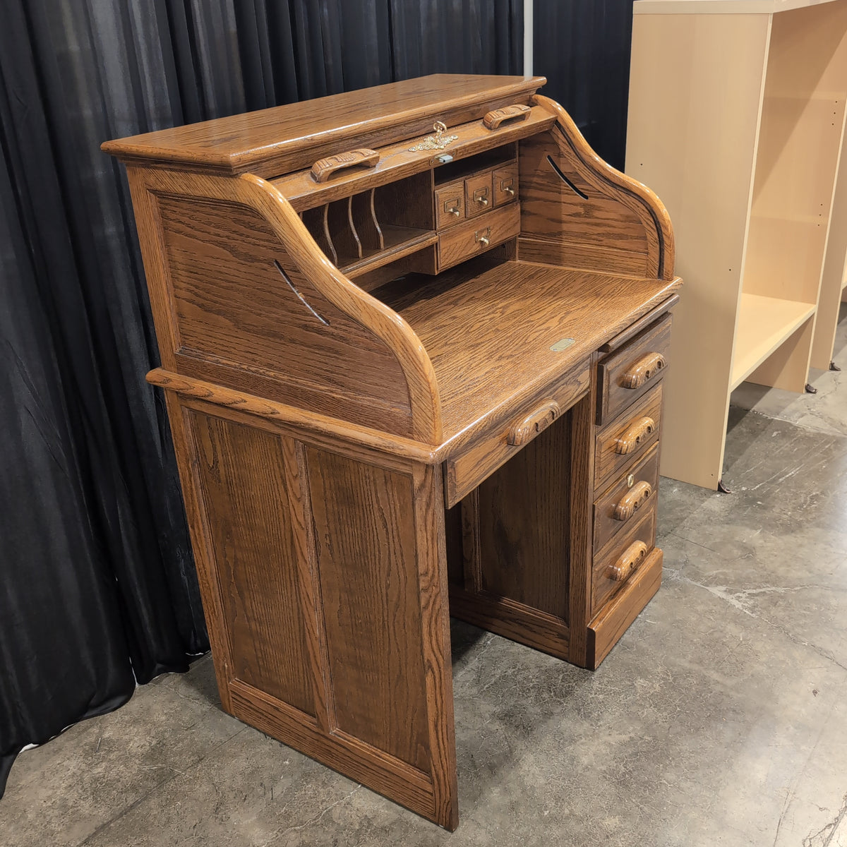Traditional Oak Roll-Top Desk with Carved Pulls