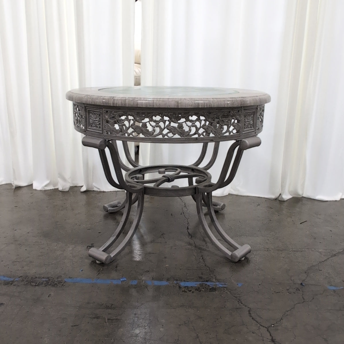 Grey Stone Top Round End Table with Ornate Metal Base