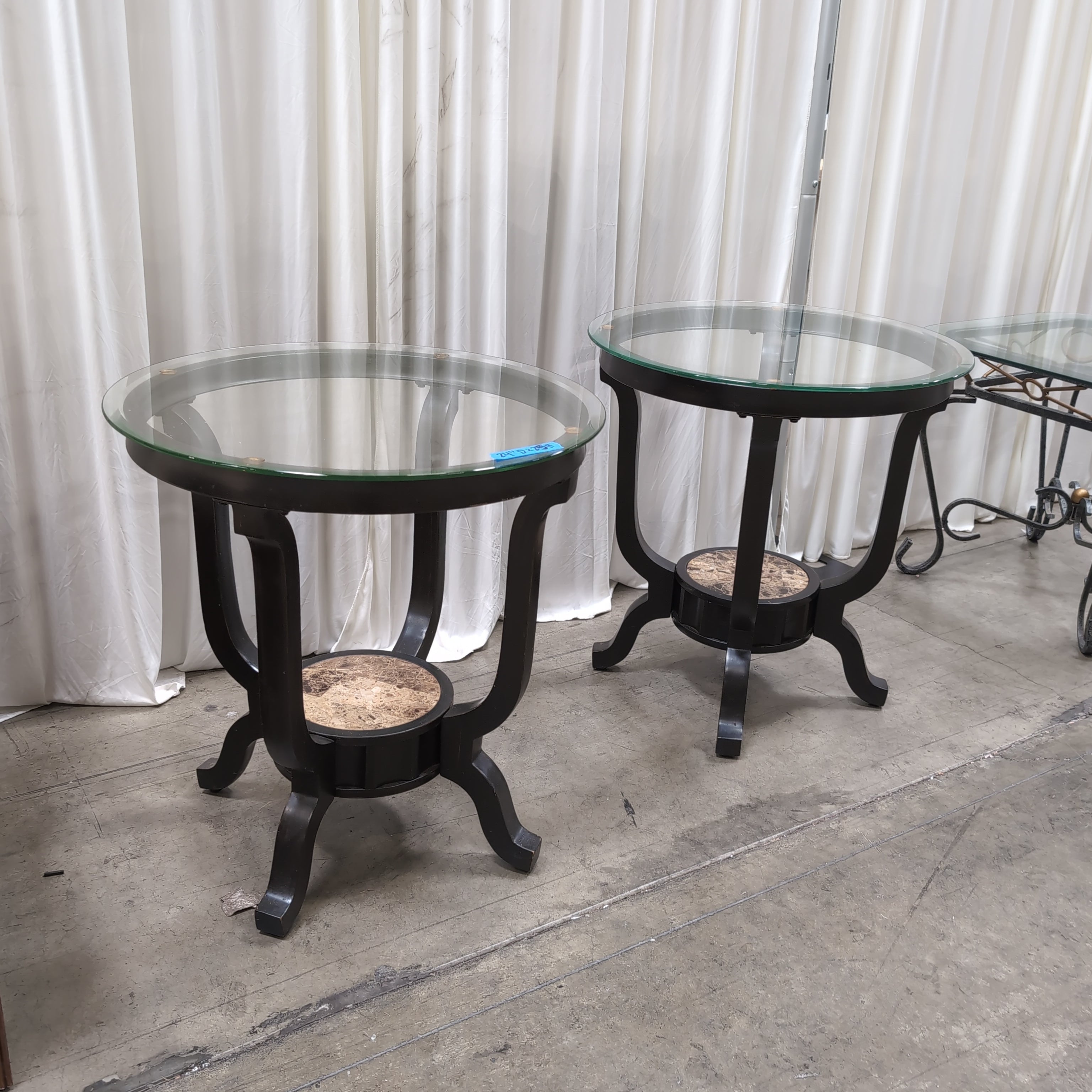 Dark Metal and Glass Coffee Table Set with Marble Inlay