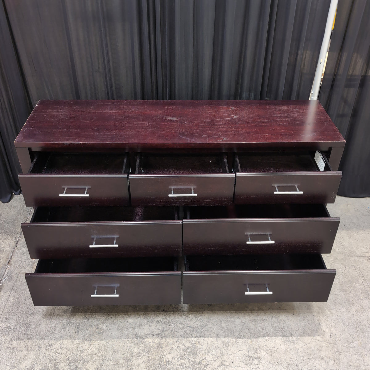 Dark Espresso Seven-Drawer Dresser with Silver Bar Pulls