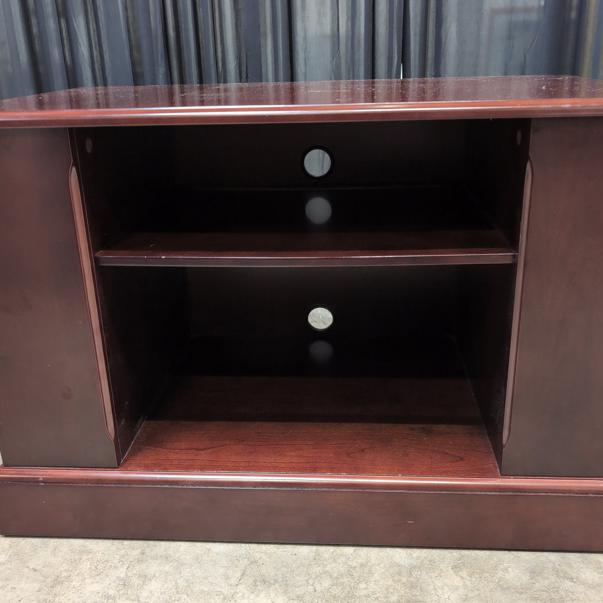 Dark Cherry Wood TV Stand with Open Shelves