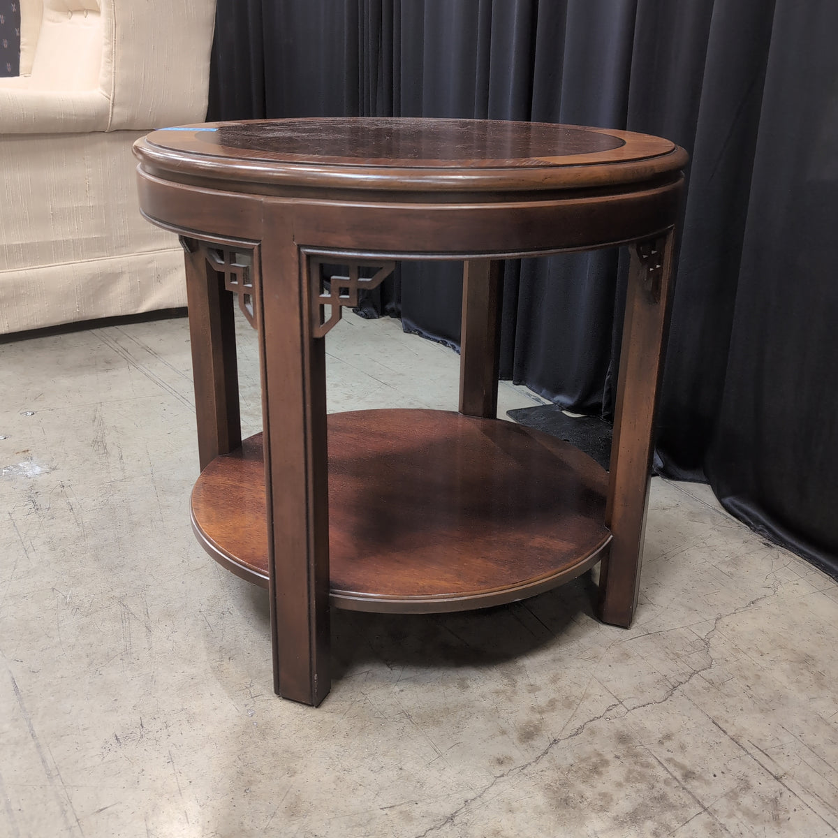 Traditional Brown Wood Round End Table with Lower Shelf