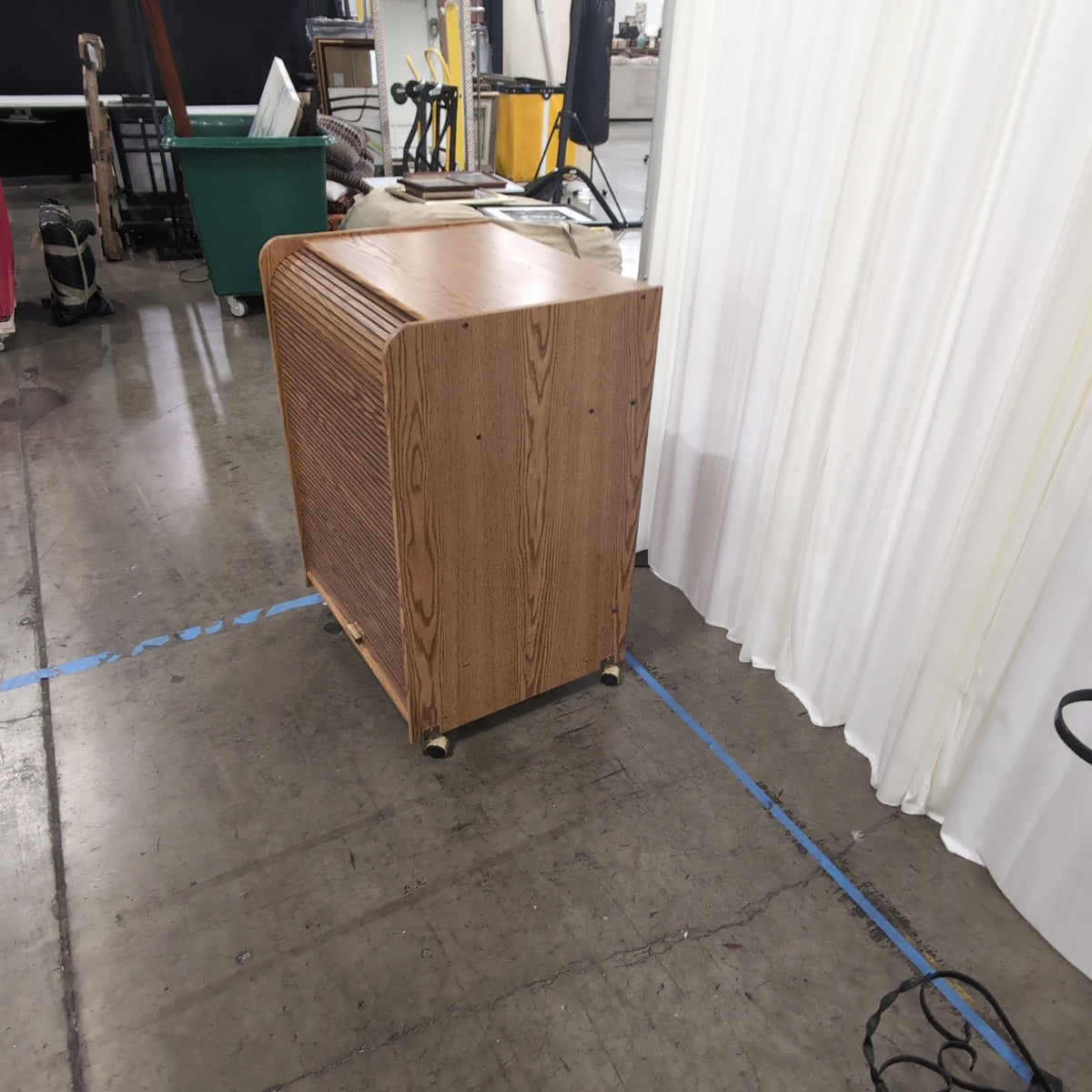 Brown Wood Roll-Top Storage Cabinet with Casters