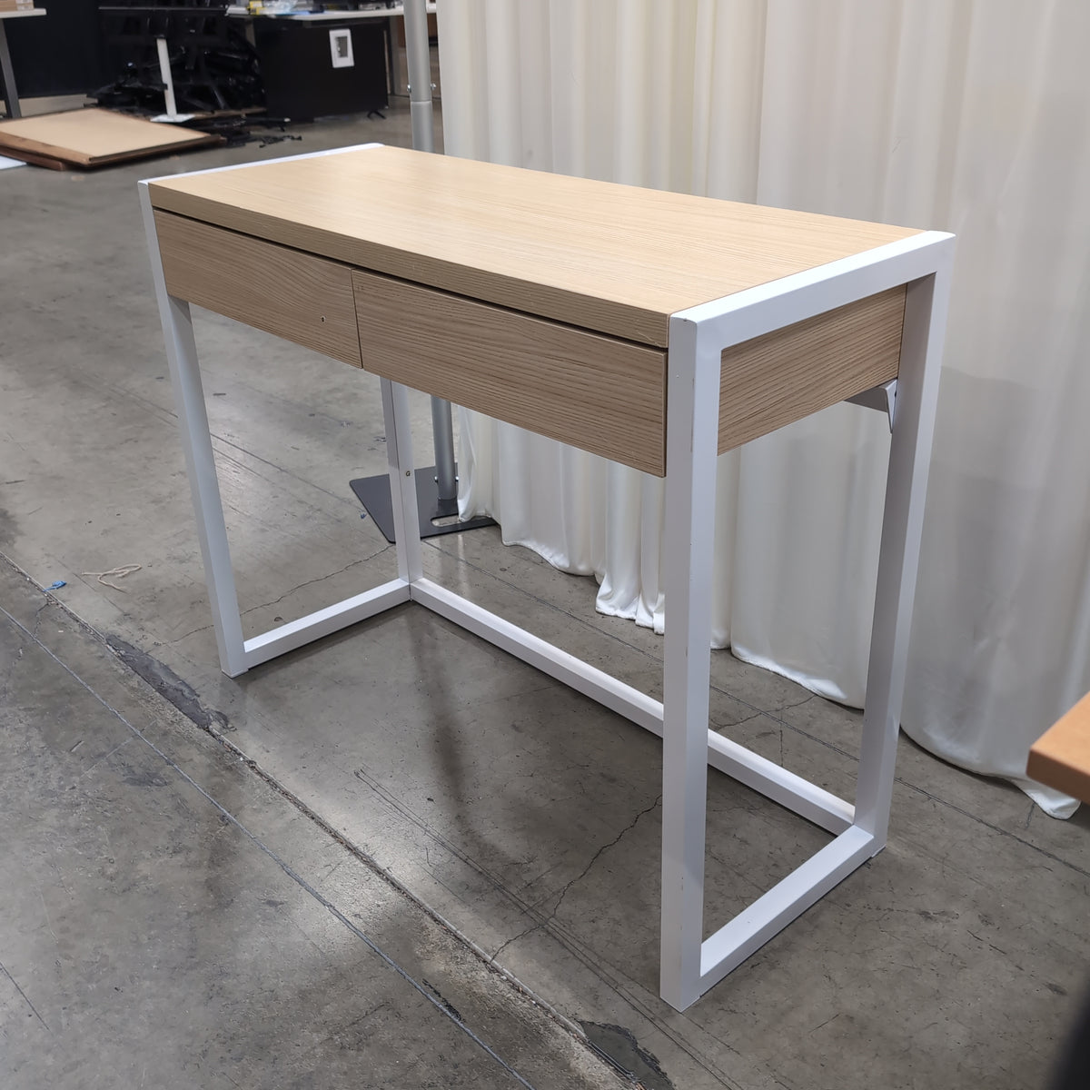 Light Wood Two-Drawer Desk with White Metal Frame