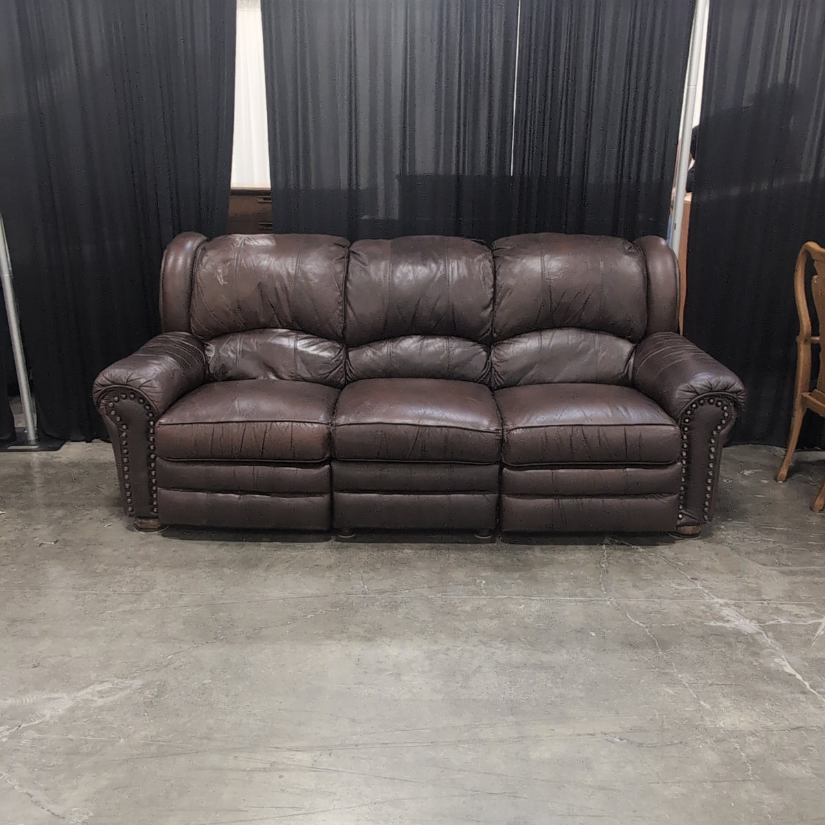 Dark Brown Leather Rolled Arm Couch with Nailhead Trim
