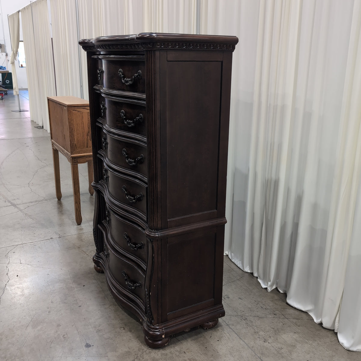 Traditional Dark Wood Tall Six-Drawer Dresser with Ornate Hardware