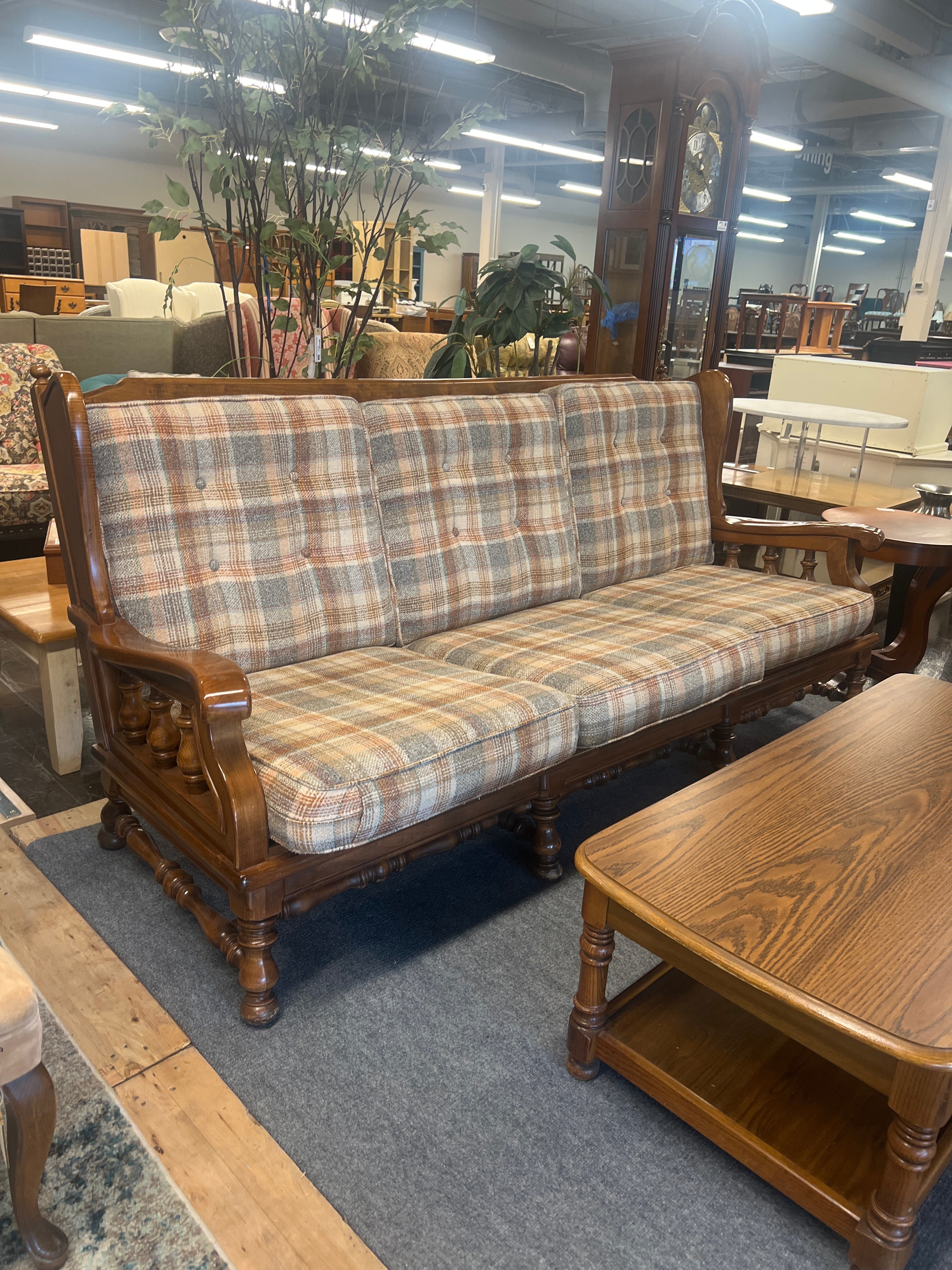 Rustic Wooden Settee with Plaid Cushion